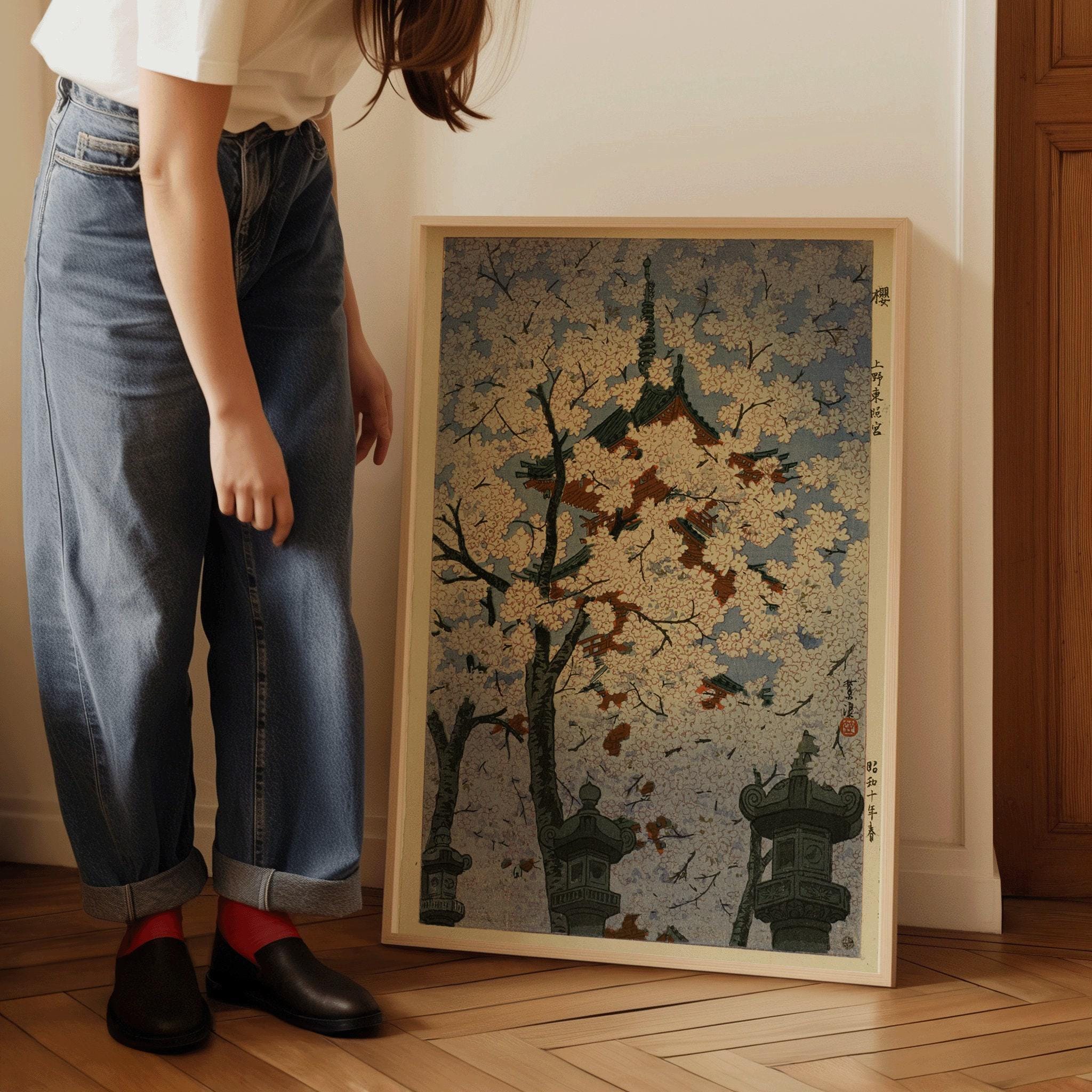 Shiro Kasamatsu - Cherry Blossoms at the Toshogu Shrine | PREMIUM GICLÉE PRINT | Vintage Japanese Woodblock Art in Green (available framed) - 9ArtPrints
