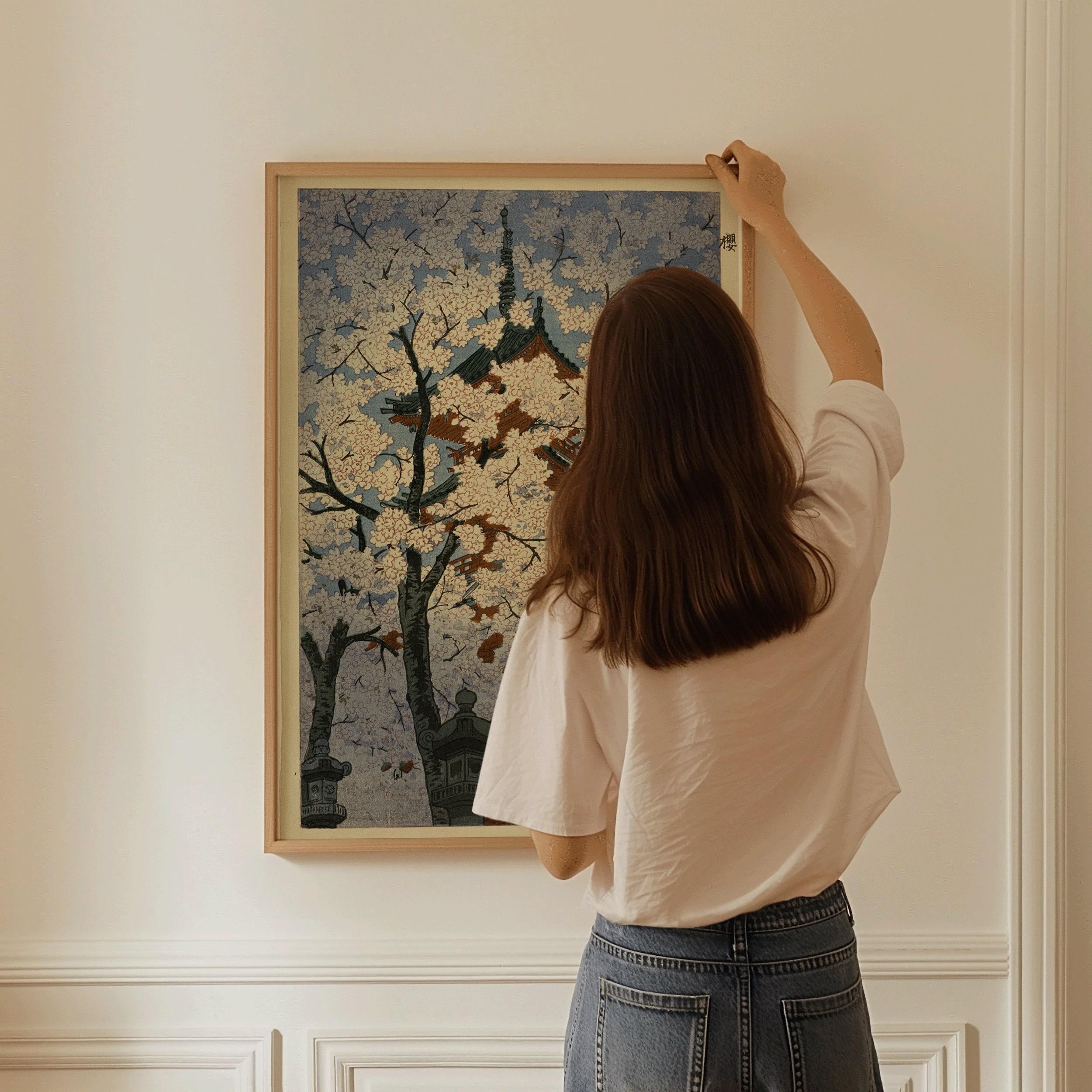 Shiro Kasamatsu - Cherry Blossoms at the Toshogu Shrine | PREMIUM GICLÉE PRINT | Vintage Japanese Woodblock Art in Green (available framed) - 9ArtPrints