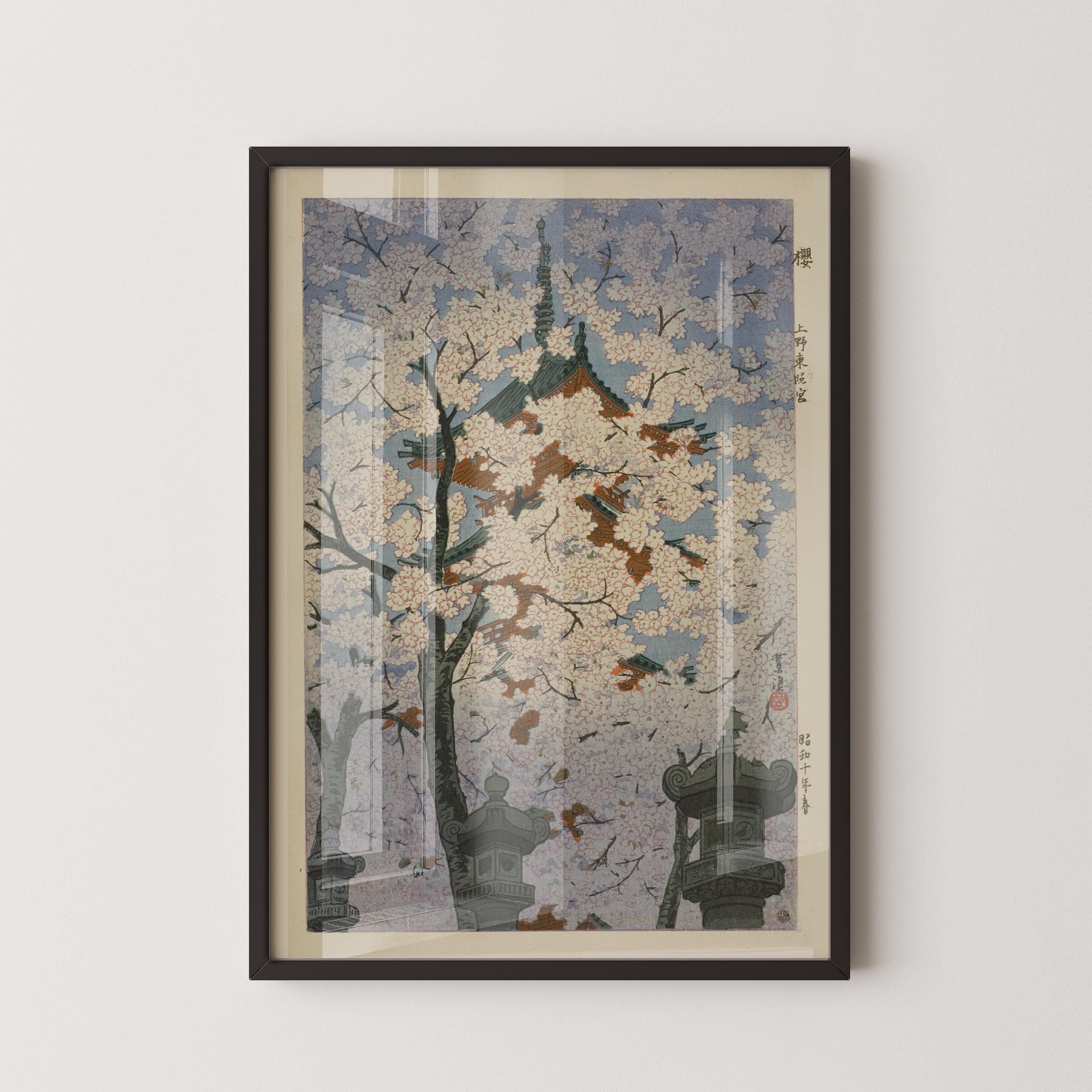 Shiro Kasamatsu - Cherry Blossoms at the Toshogu Shrine | PREMIUM GICLÉE PRINT | Vintage Japanese Woodblock Art in Green (available framed) - 9ArtPrints