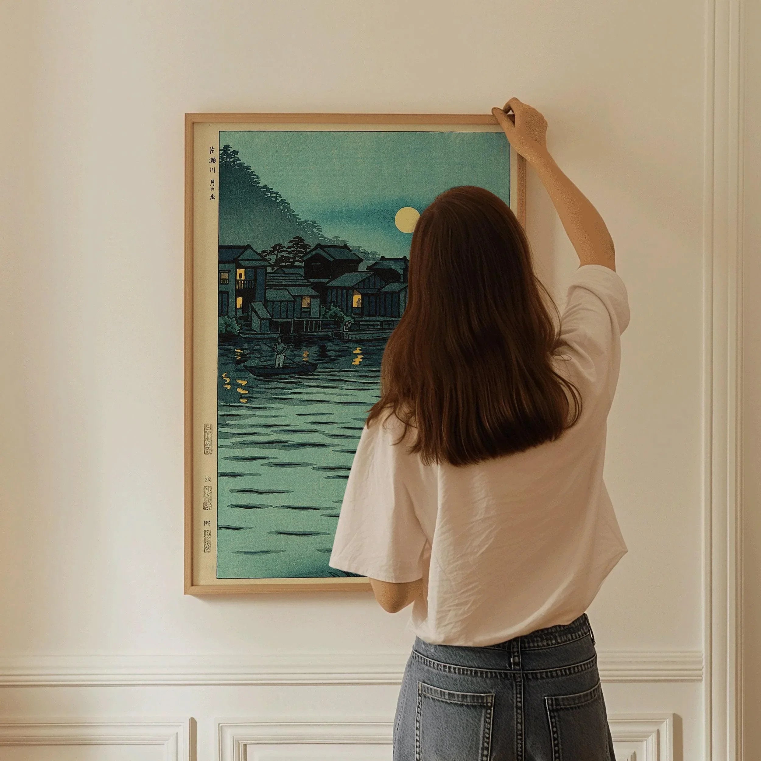 Shiro Kasamatsu - Rising Moon at Katase River | PRINT | Vintage Japanese Woodblock Art in Blue