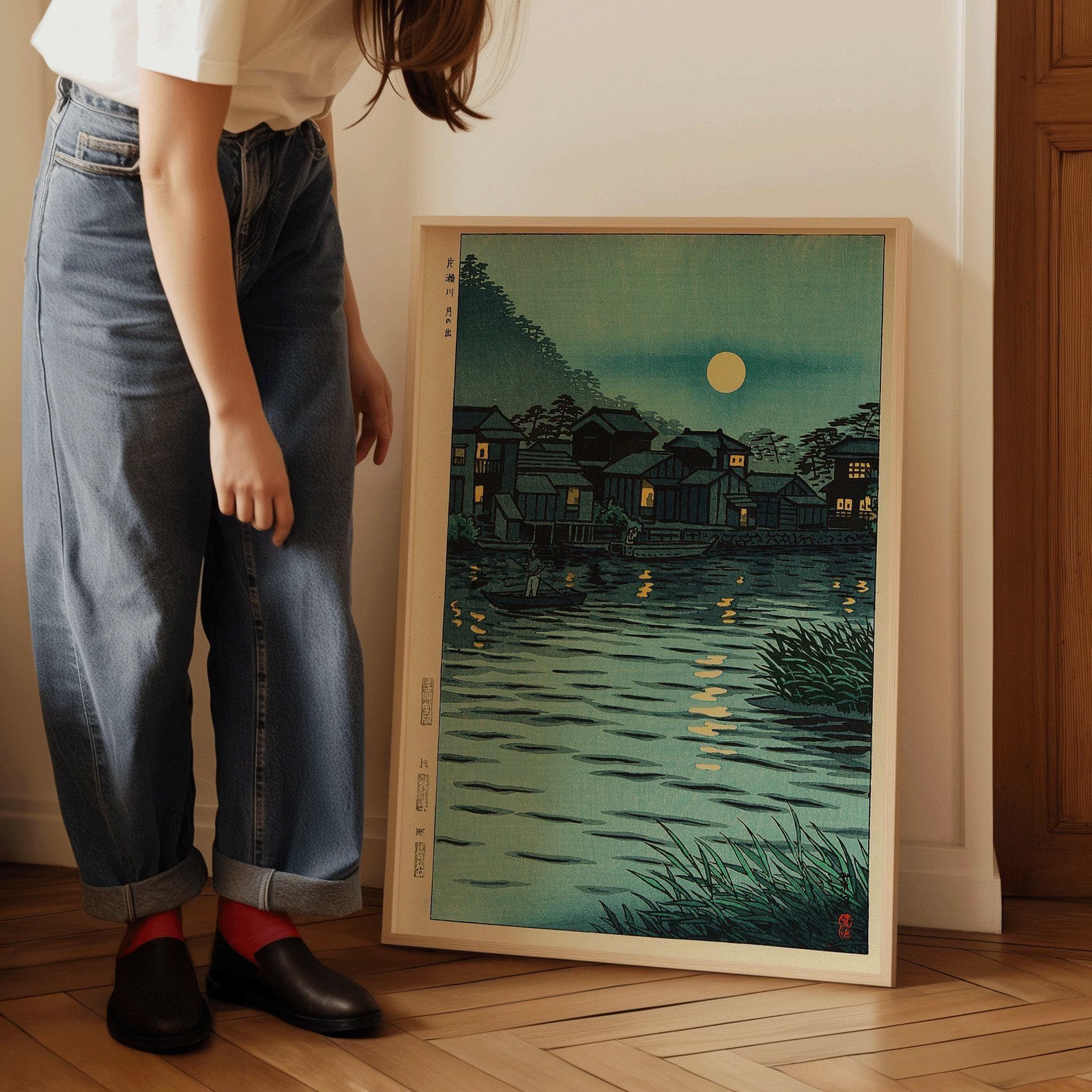 Shiro Kasamatsu - Rising Moon at Katase River | PRINT | Vintage Japanese Woodblock Art in Blue