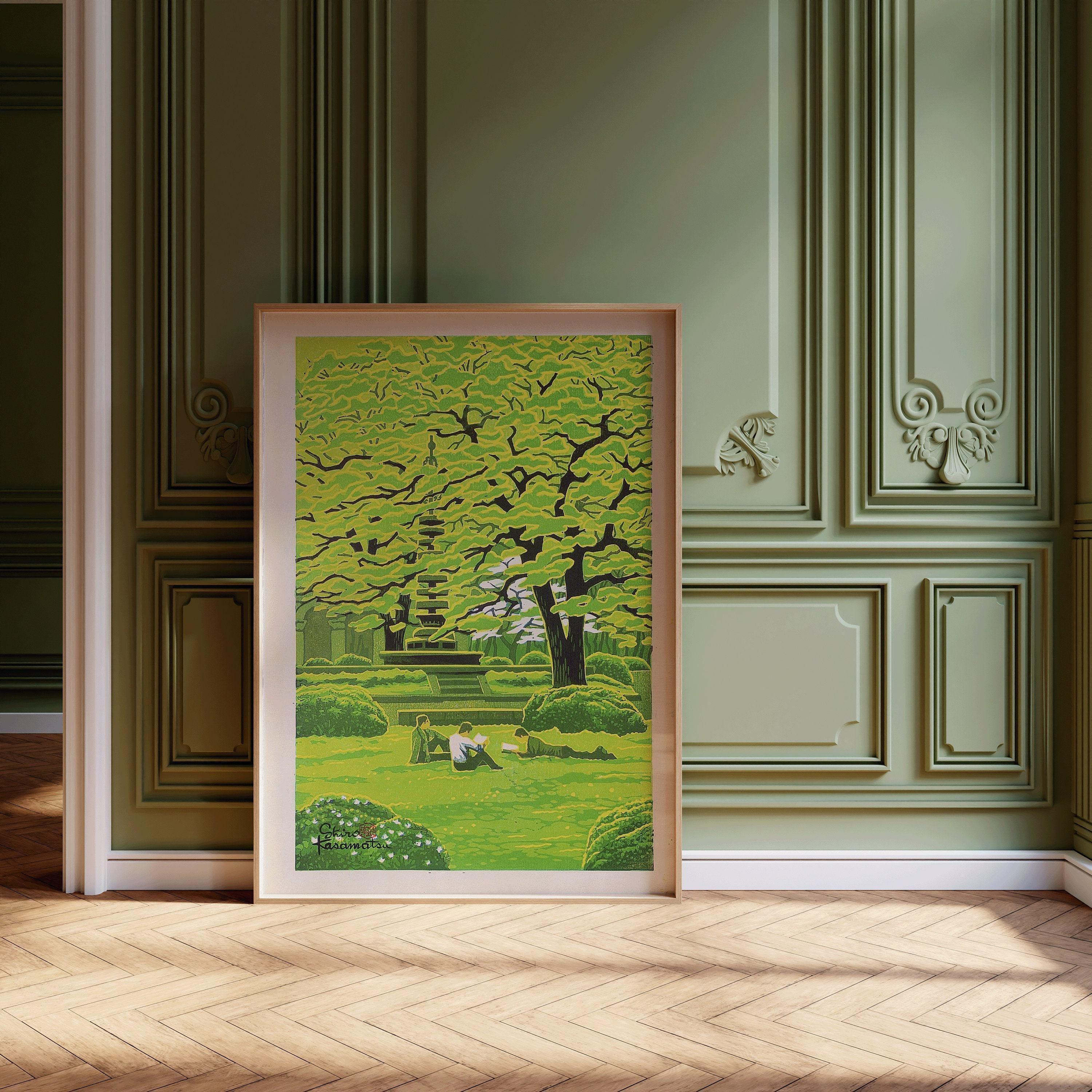 Shiro Kasamatsu - Spring in the Campus | PRINT | A Most Tranquil Vintage Japanese Woodblock Art in Green (vailable handframed - 9ArtPrints