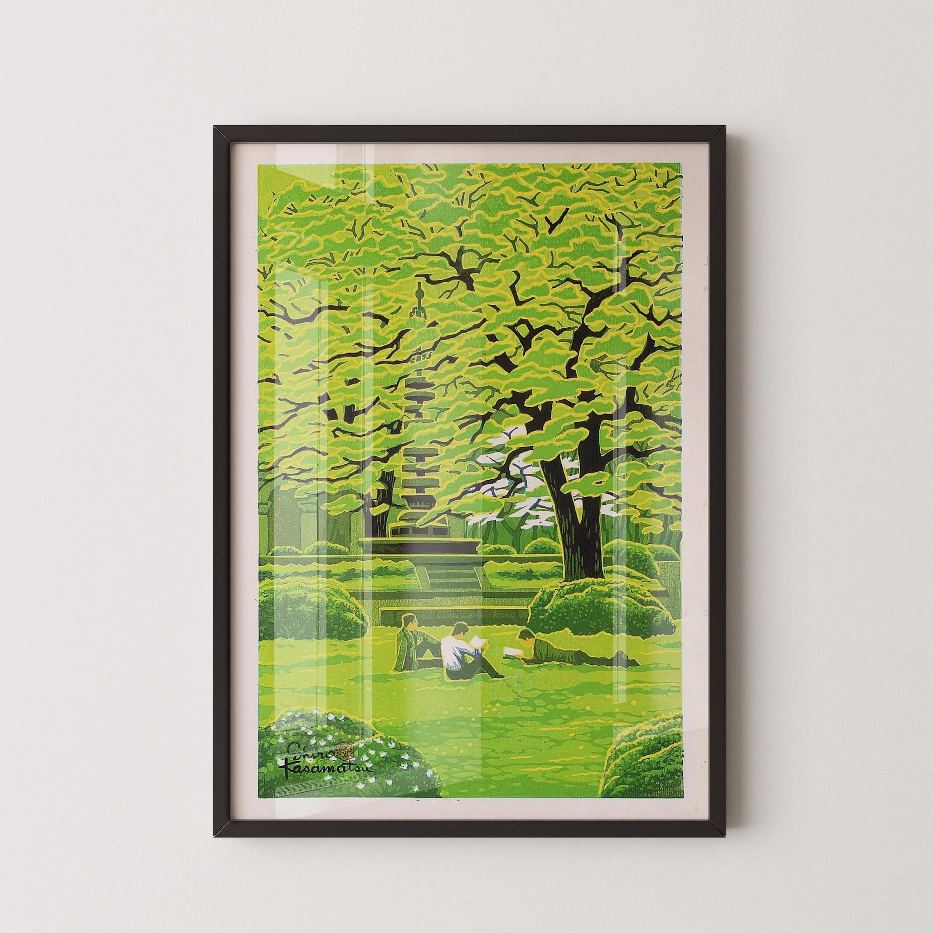 Shiro Kasamatsu - Spring in the Campus | PRINT | A Most Tranquil Vintage Japanese Woodblock Art in Green (vailable handframed - 9ArtPrints