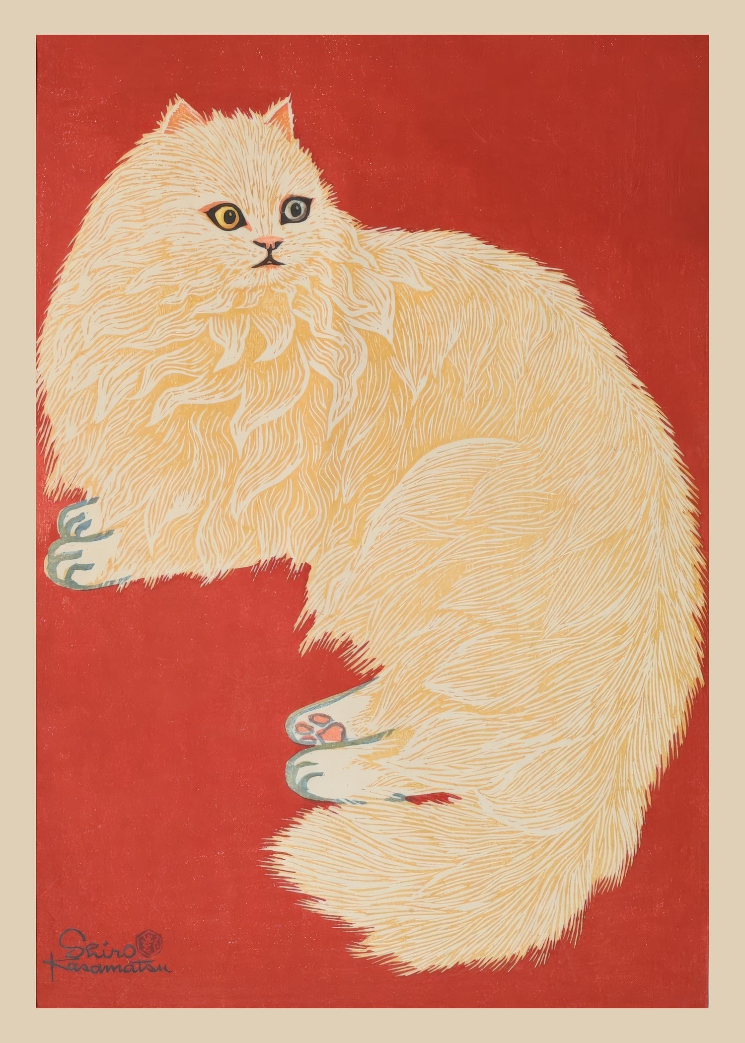 Shiro Kasamatsu - The White Cat: Vintage Japanese Woodblock Art Giclee Print - 9ArtPrints