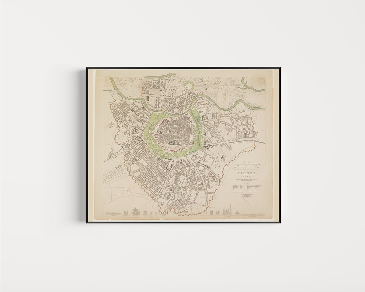 Framed art print of Vienna by Society for the Diffusion of Useful Knowledge, in a slim black frame on a plain white wall