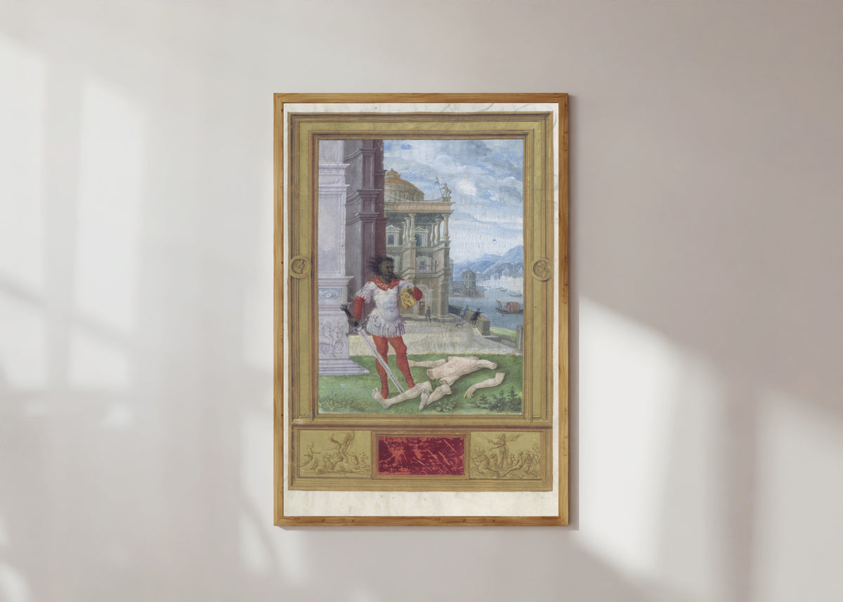 Framed art print of The Dismemberment by Splendor Solis, in a light wood frame on a sunlit white wall