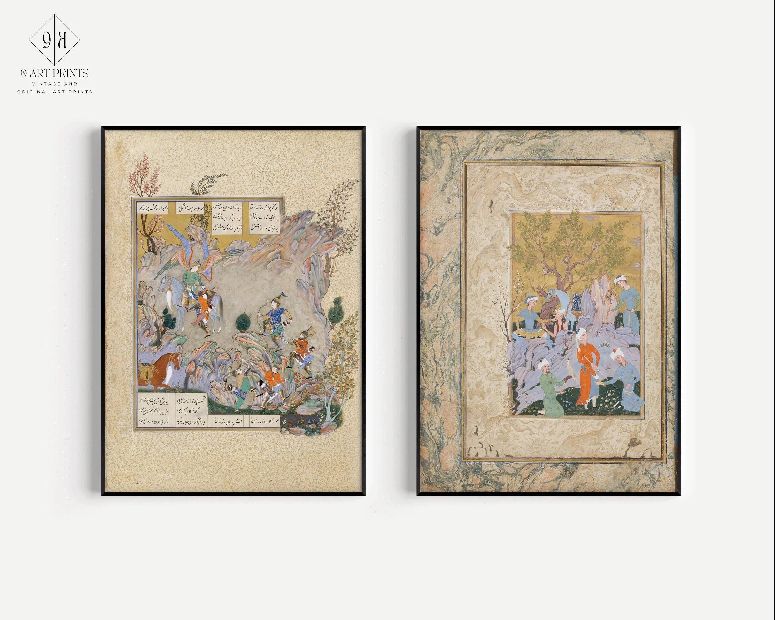 STATEMENT DUO Ancient Persian Miniatures - Hawking Party and Shahnameh | | Ancient Illuminated Manuscript available framed - 9ArtPrints