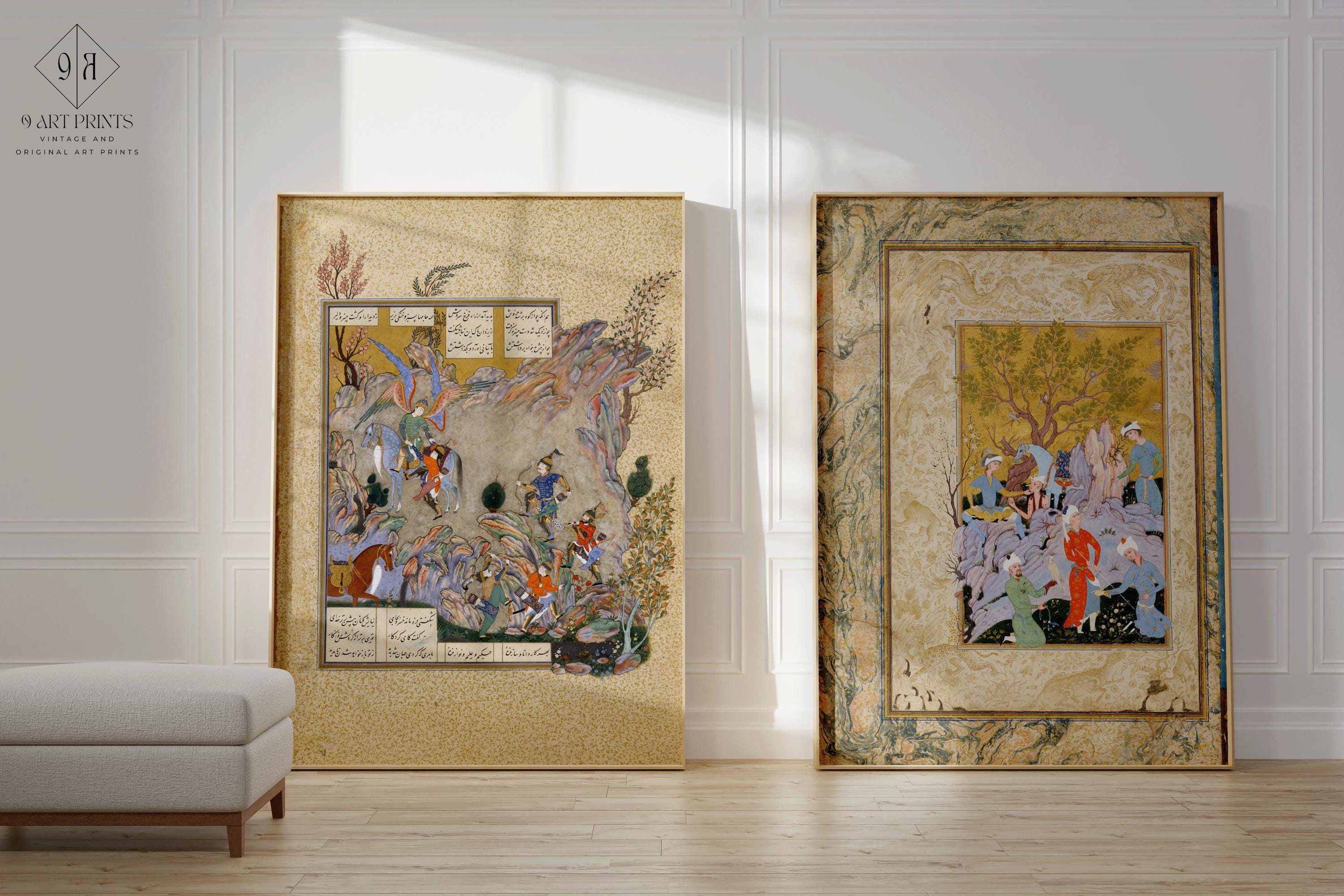 STATEMENT DUO Ancient Persian Miniatures - Hawking Party and Shahnameh | | Ancient Illuminated Manuscript available framed - 9ArtPrints
