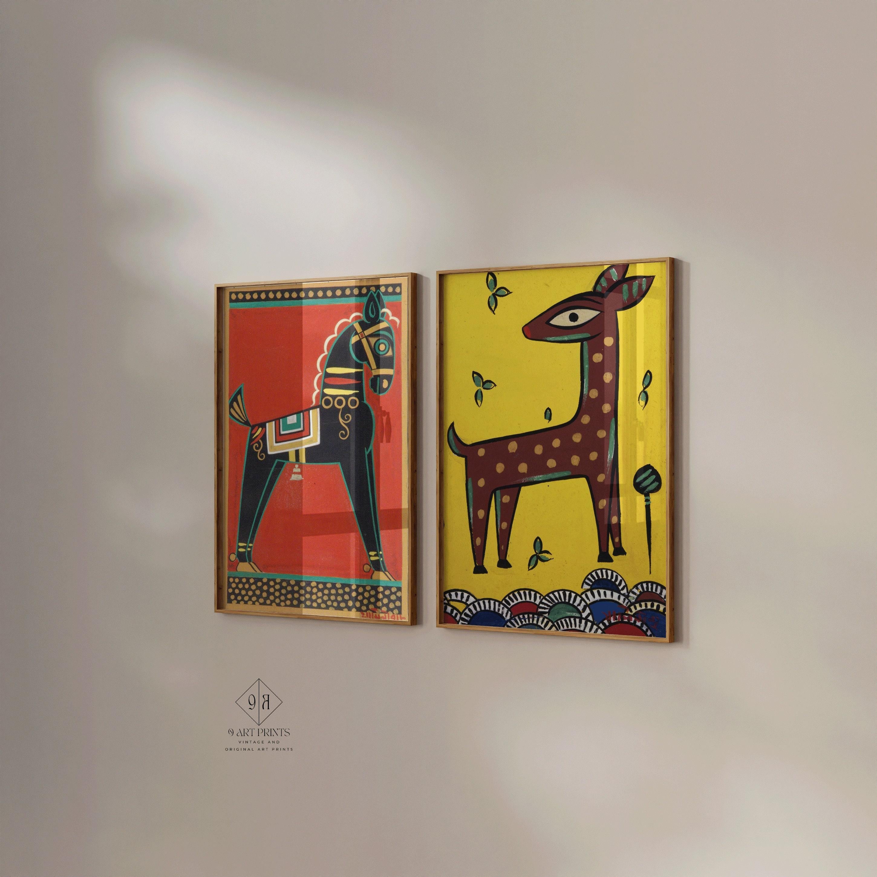 STATEMENT DUO Jamini Roy Prints - Black Horse and Fawn | | Traditional Bengali (Indian) Art available framed - 9ArtPrints