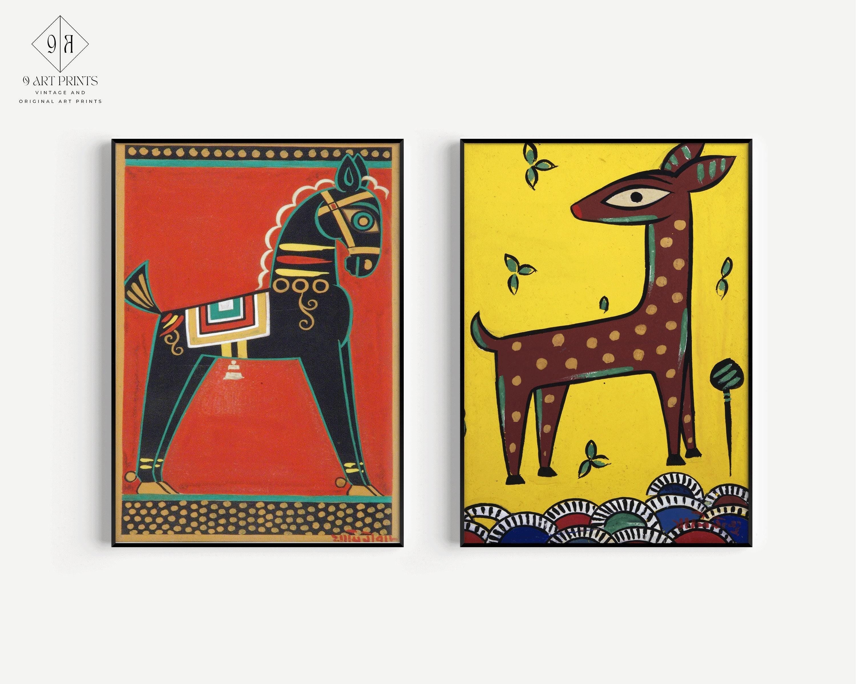 STATEMENT DUO Jamini Roy Prints - Black Horse and Fawn | | Traditional Bengali (Indian) Art available framed - 9ArtPrints
