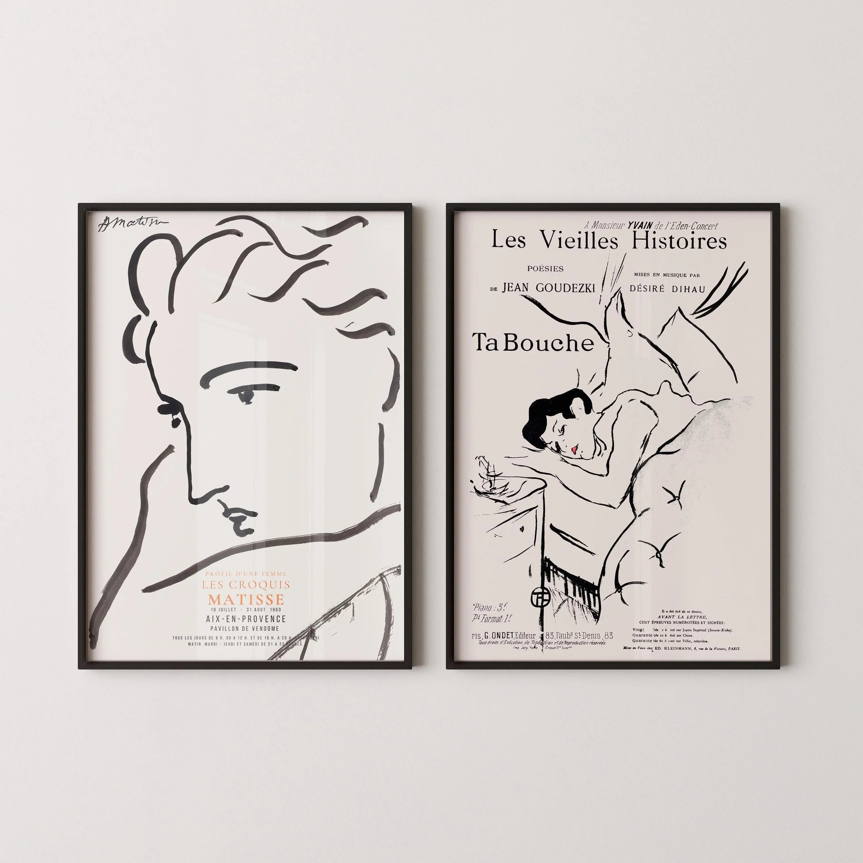 STATEMENT DUO Matisse and Henri Toulouse Lautrec | | Neutral Posters - Profile of a Woman and Ta Bouche | available framed - 9ArtPrints