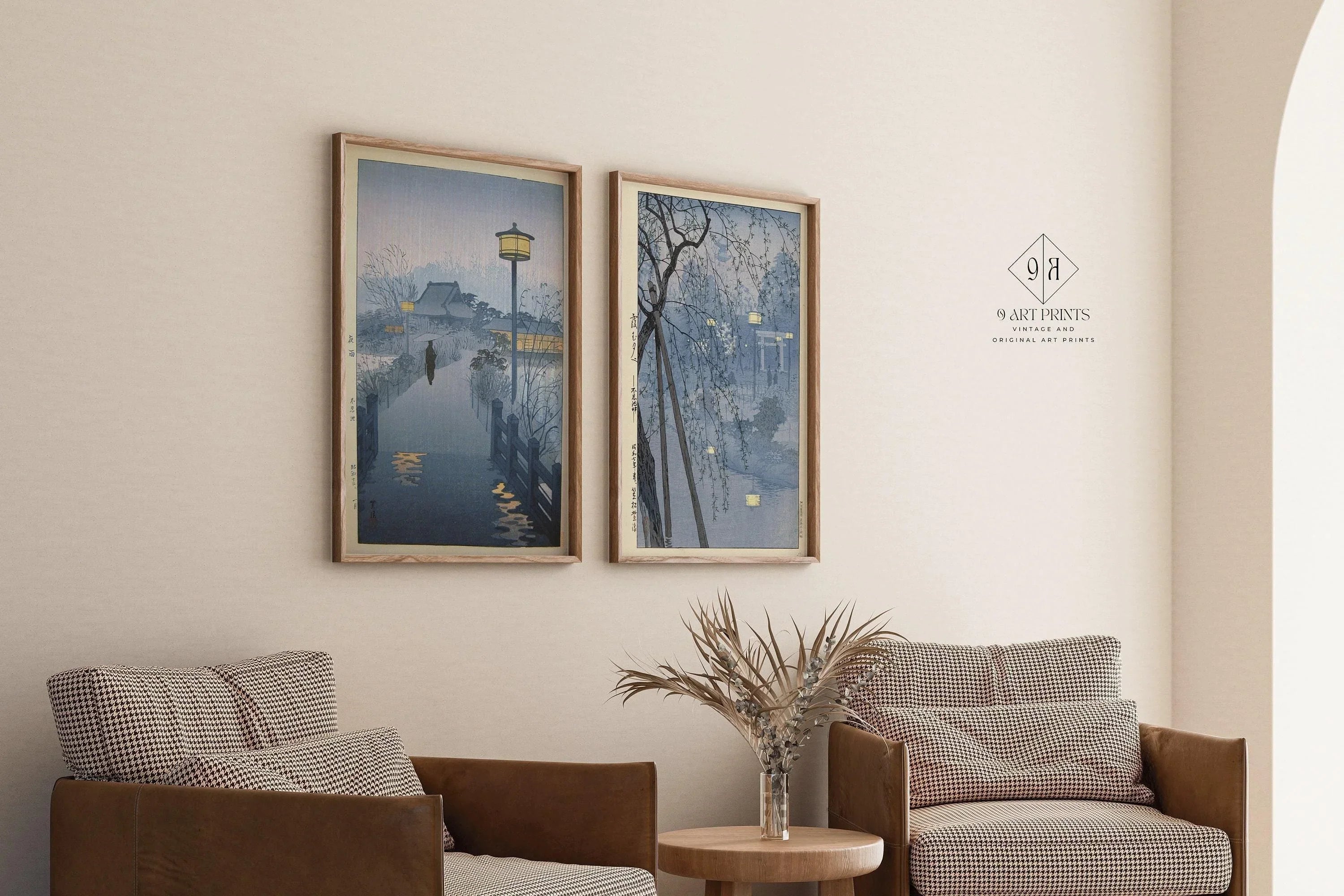 STATEMENT DUO Shiro Kasamatsu Rain at and Evening at Shinobazu Pond | | Vintage Japanese Art in Blue available framed - 9ArtPrints