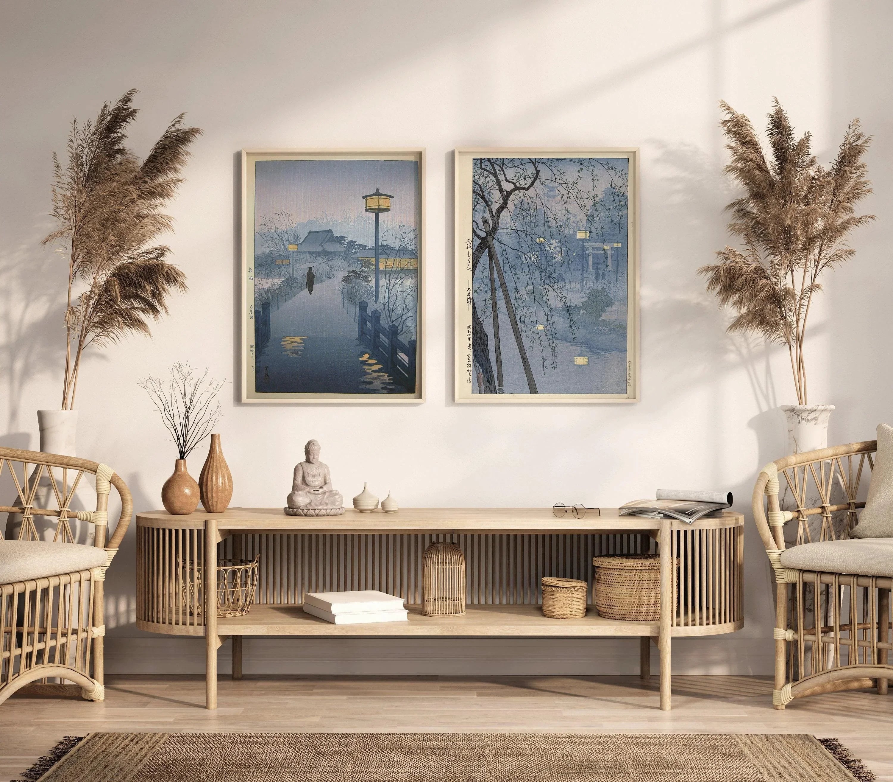 STATEMENT DUO Shiro Kasamatsu Rain at and Evening at Shinobazu Pond | | Vintage Japanese Art in Blue available framed - 9ArtPrints