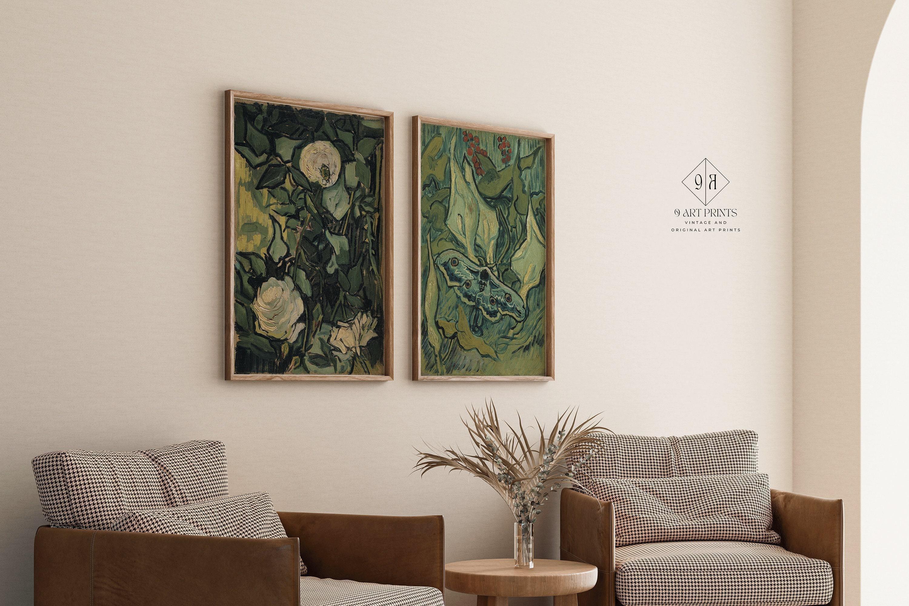 STATEMENT DUO Vincent Van Gogh Art Prints - Roses and Giant Peacock Moth | | Famous Green Wall Art available framed - 9ArtPrints
