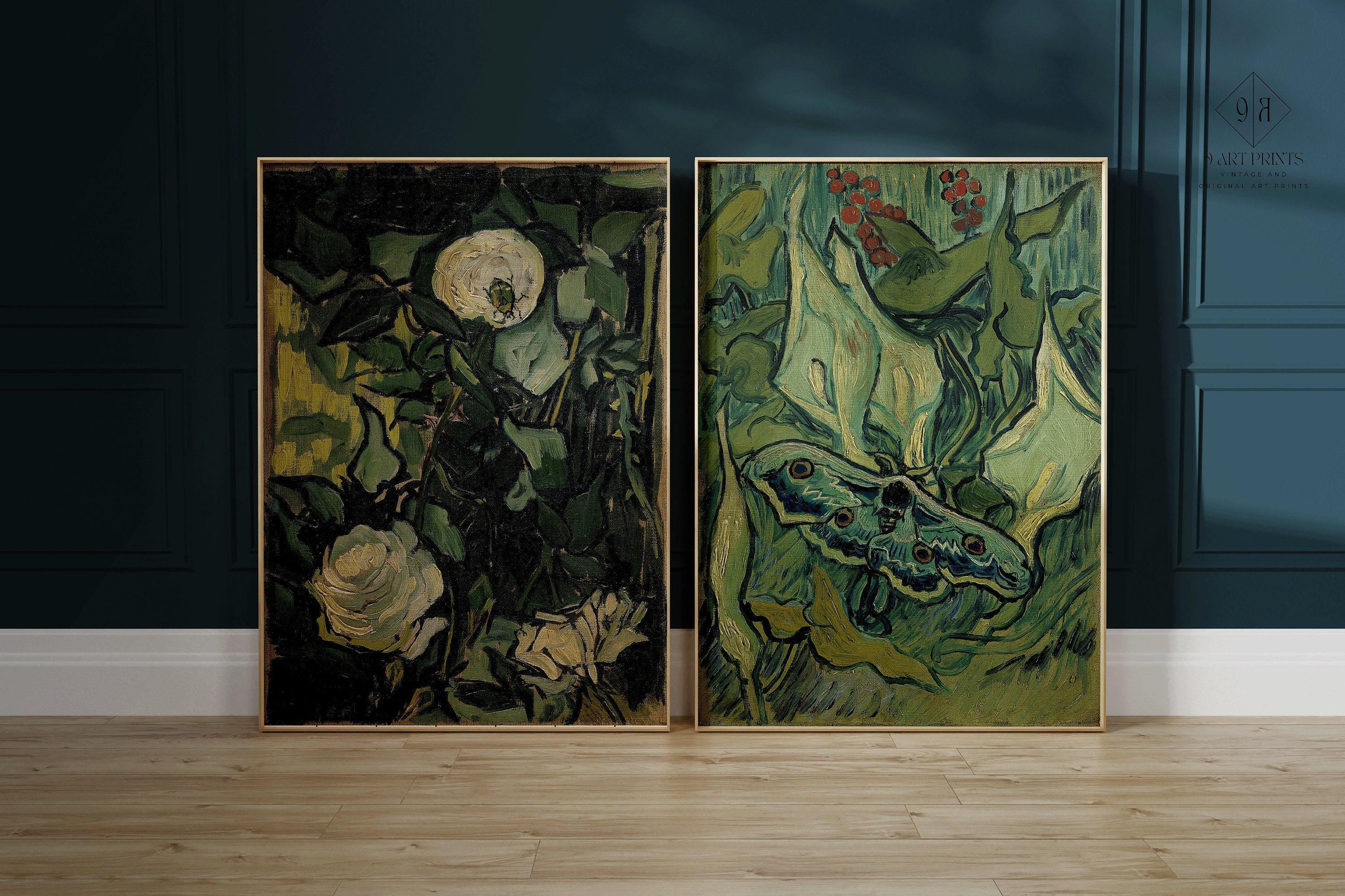 STATEMENT DUO Vincent Van Gogh Art Prints - Roses and Giant Peacock Moth | | Famous Green Wall Art available framed - 9ArtPrints