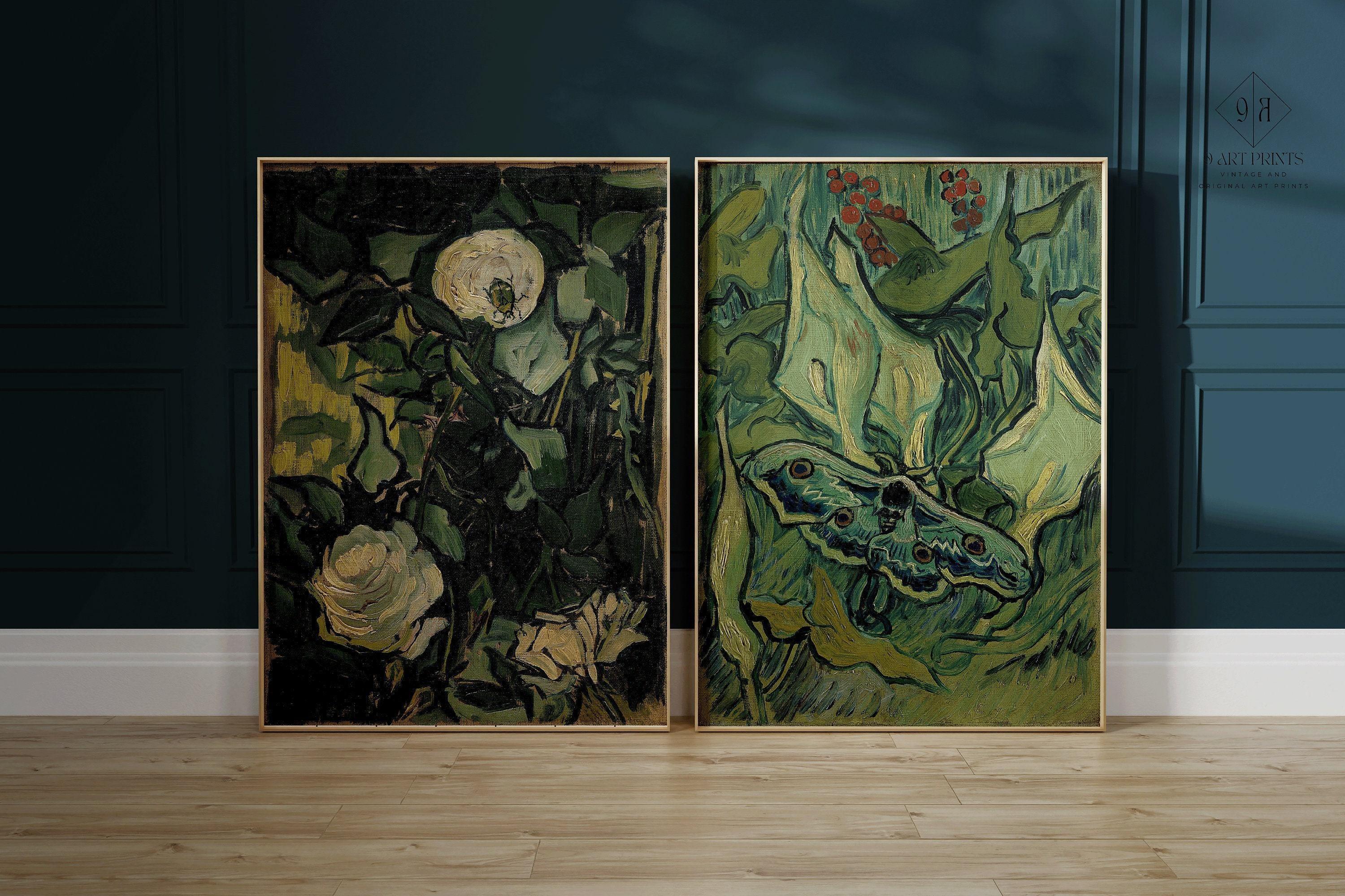 STATEMENT DUO Vincent Van Gogh Art Prints - Roses and Giant Peacock Moth | | Famous Green Wall Art available framed - 9ArtPrints