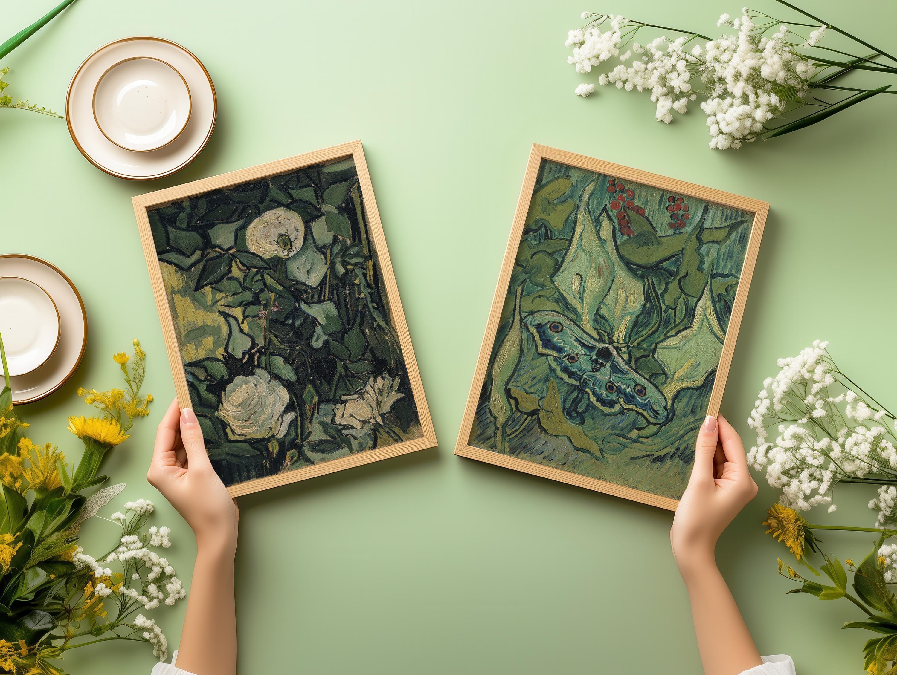 STATEMENT DUO Vincent Van Gogh Art Prints - Roses and Giant Peacock Moth | | Famous Green Wall Art available framed - 9ArtPrints