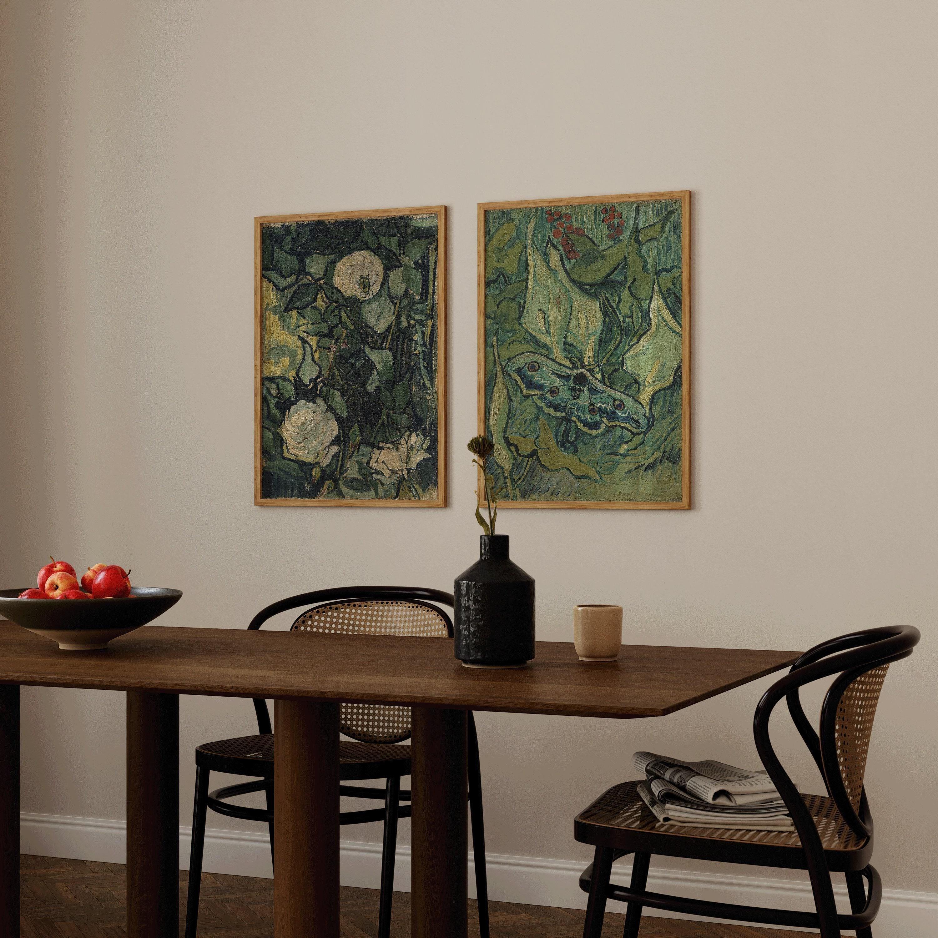 STATEMENT DUO Vincent Van Gogh Art Prints - Roses and Giant Peacock Moth | | Famous Green Wall Art available framed - 9ArtPrints
