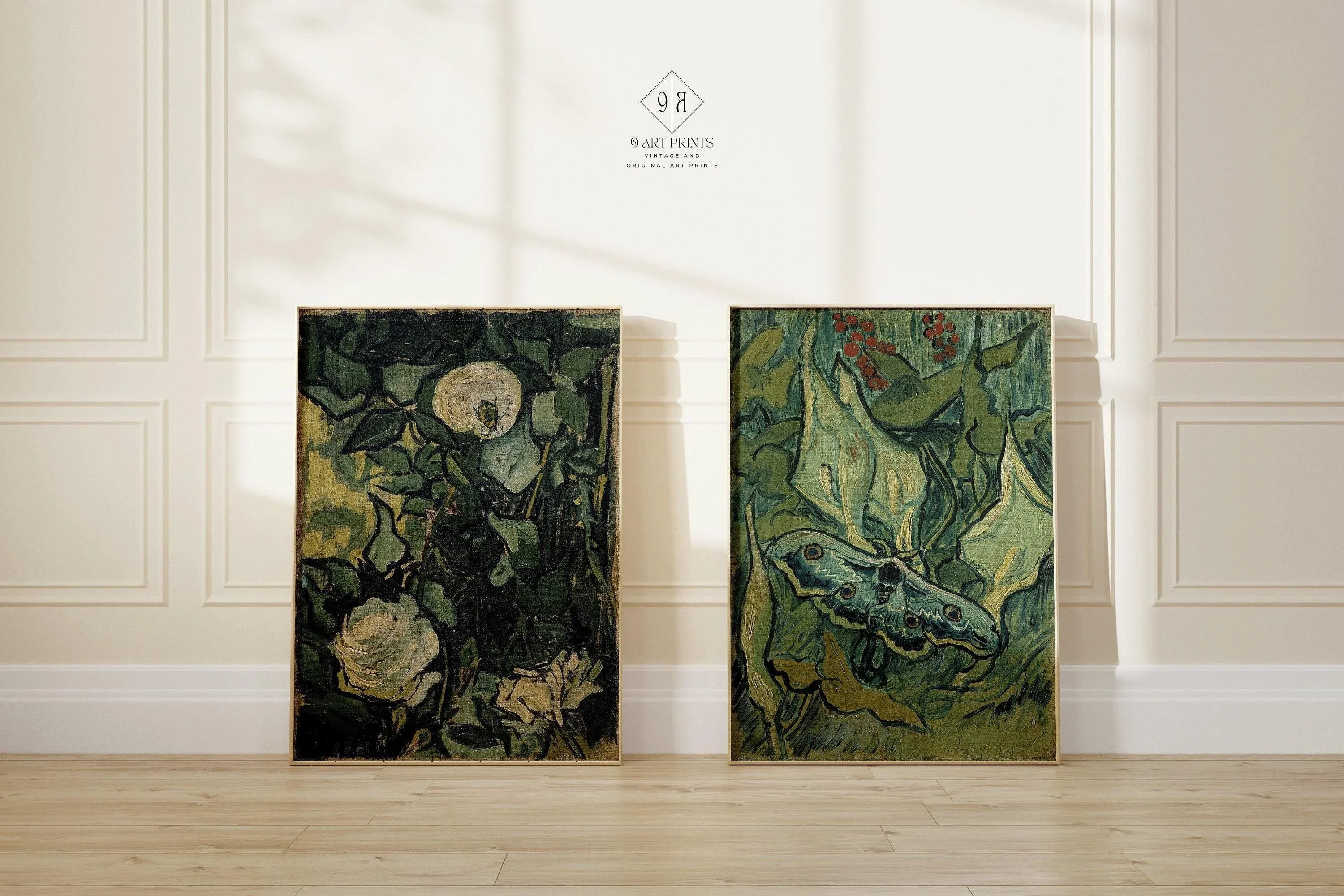 STATEMENT DUO Vincent Van Gogh Art Prints - Roses and Giant Peacock Moth | | Famous Green Wall Art available framed - 9ArtPrints