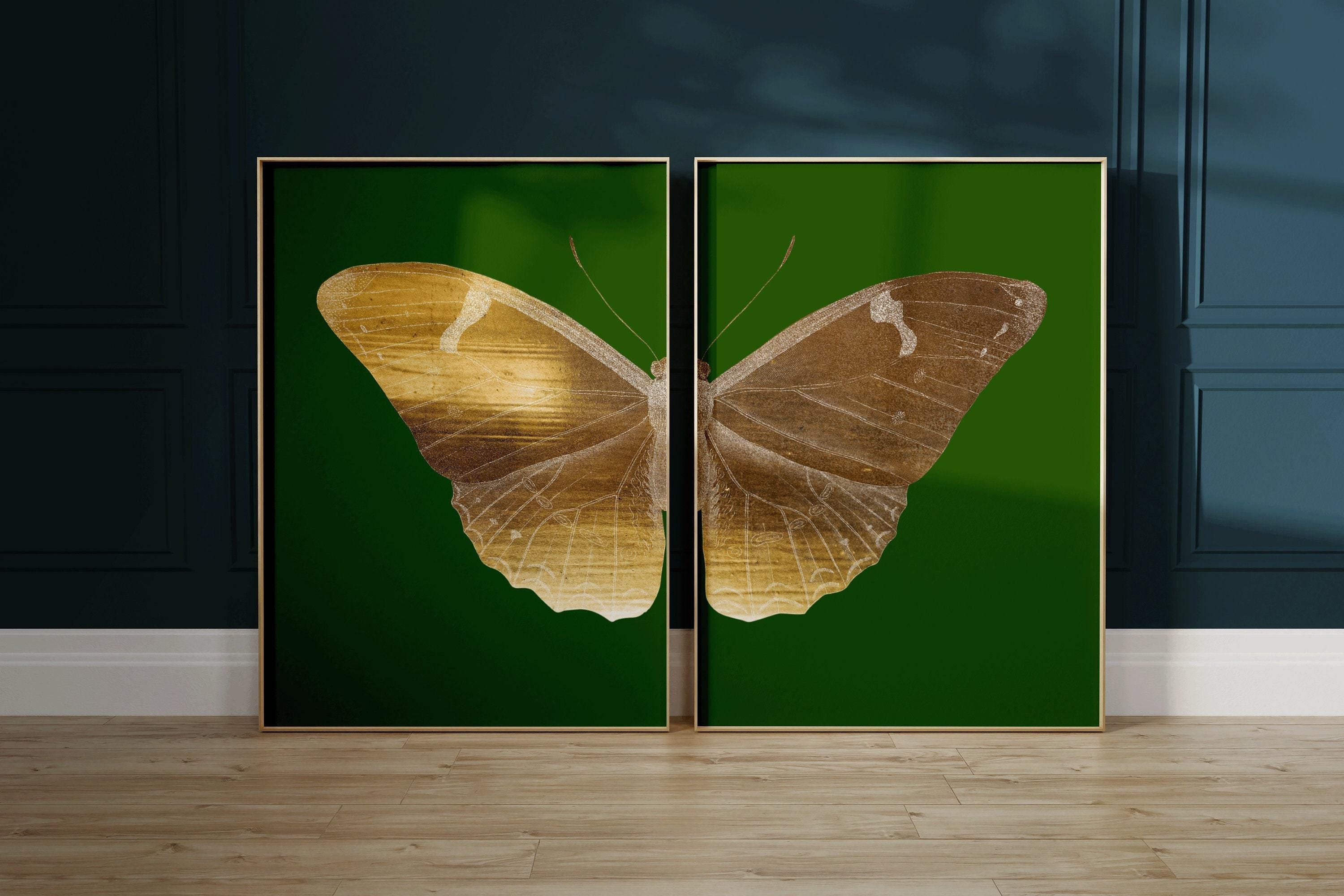 STATEMENT DUO Vintage Emerald Green Gold Butterfly Art Prints | | Our Most Famous and Exclusive Design | available framed - 9ArtPrints