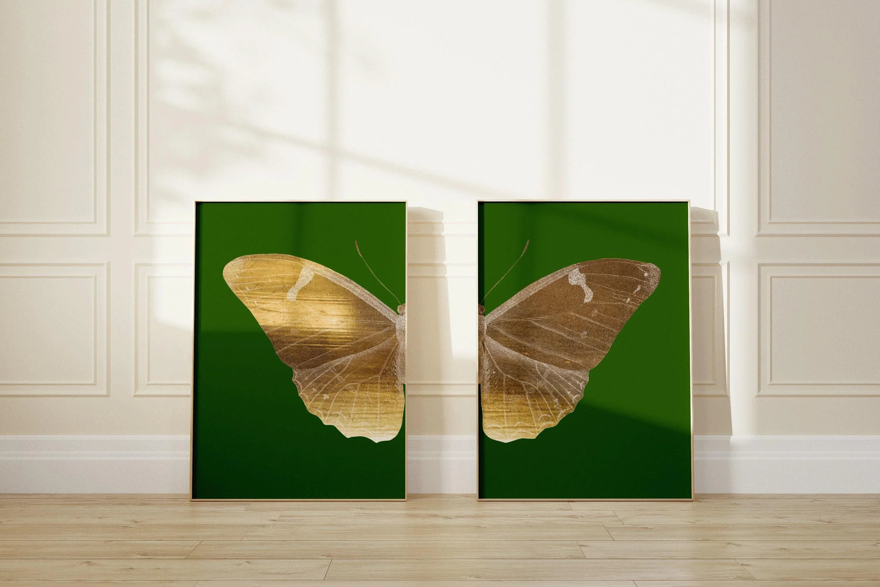 STATEMENT DUO Vintage Emerald Green Gold Butterfly Art Prints | | Our Most Famous and Exclusive Design | available framed - 9ArtPrints
