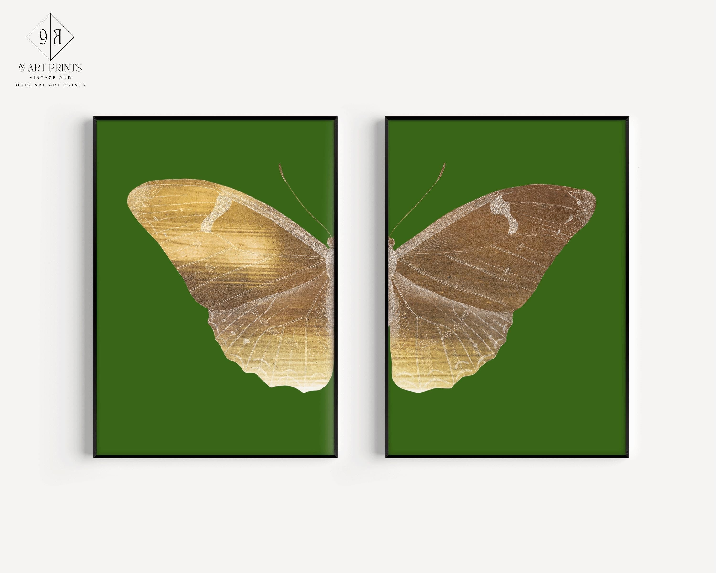STATEMENT DUO Vintage Emerald Green Gold Butterfly Art Prints | | Our Most Famous and Exclusive Design | available framed - 9ArtPrints