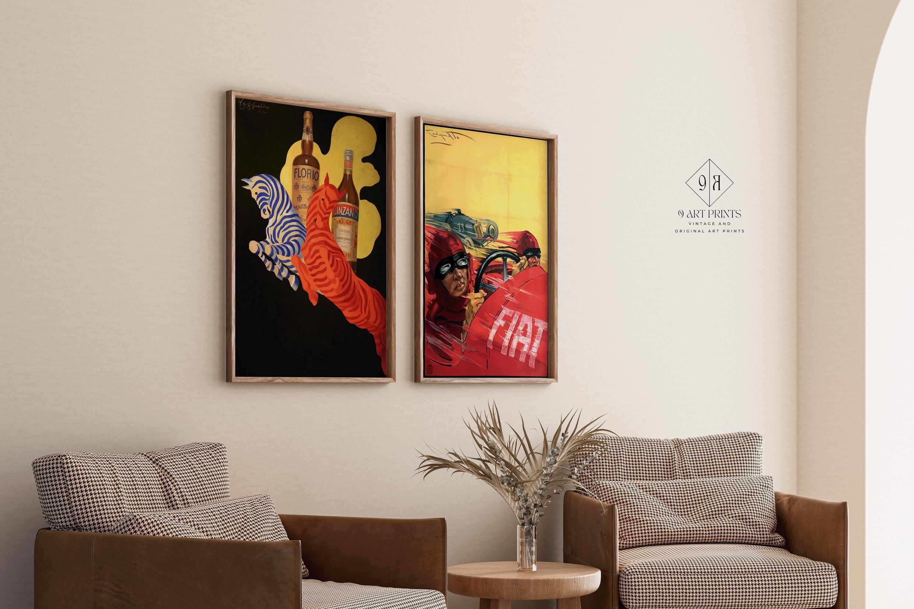 STATEMENT DUO Vintage Italian Posters Dynamic Art Deco Florio Cinzano & Bold Fiat Racing Prints Iconic Art Available Framed - 9ArtPrints