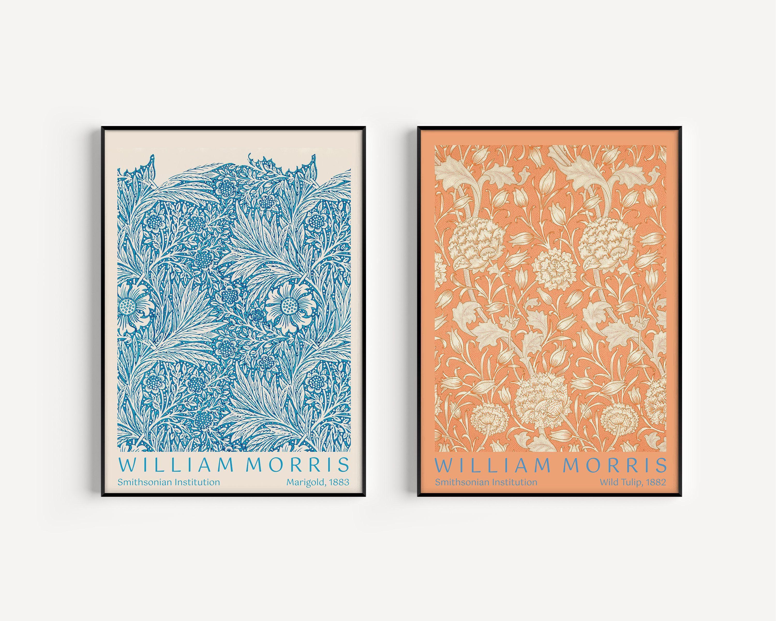 STATEMENT DUO William Morris Wild Tulip and Marigold | | Vintage Botanical Patterns in Blue Orange available handframed - 9ArtPrints