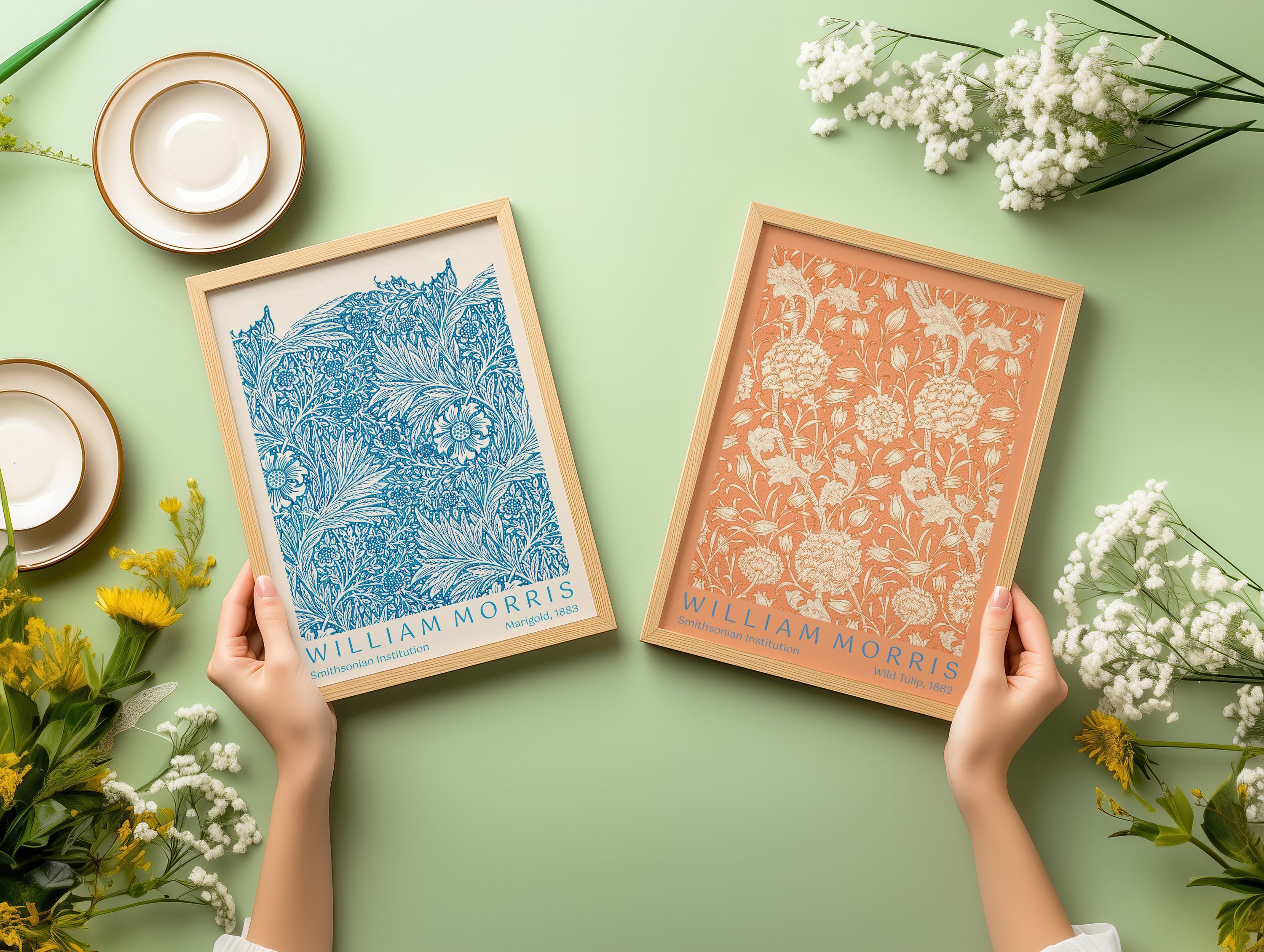STATEMENT DUO William Morris Wild Tulip and Marigold | | Vintage Botanical Patterns in Blue Orange available handframed - 9ArtPrints