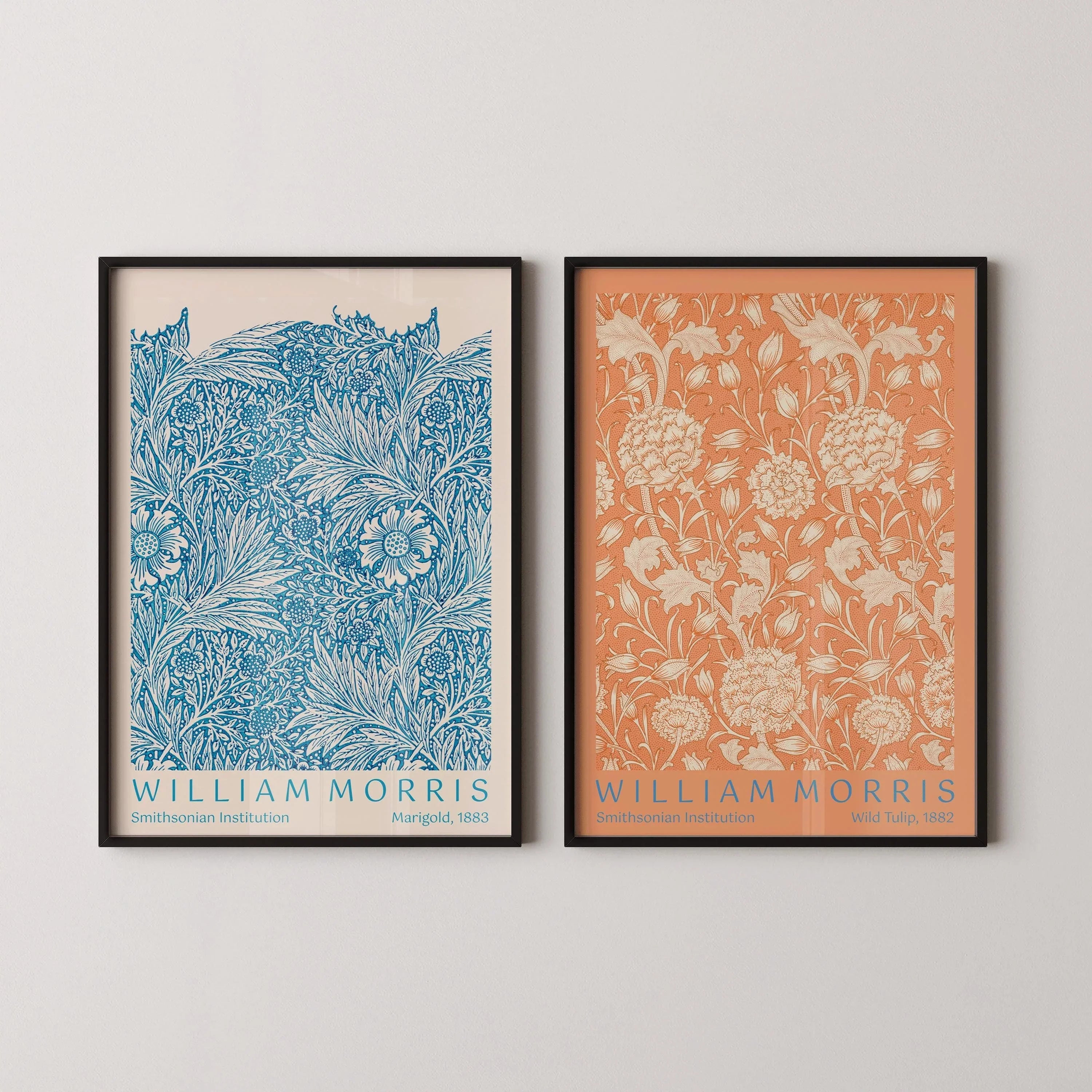 STATEMENT DUO William Morris Wild Tulip and Marigold | | Vintage Botanical Patterns in Blue Orange available handframed - 9ArtPrints