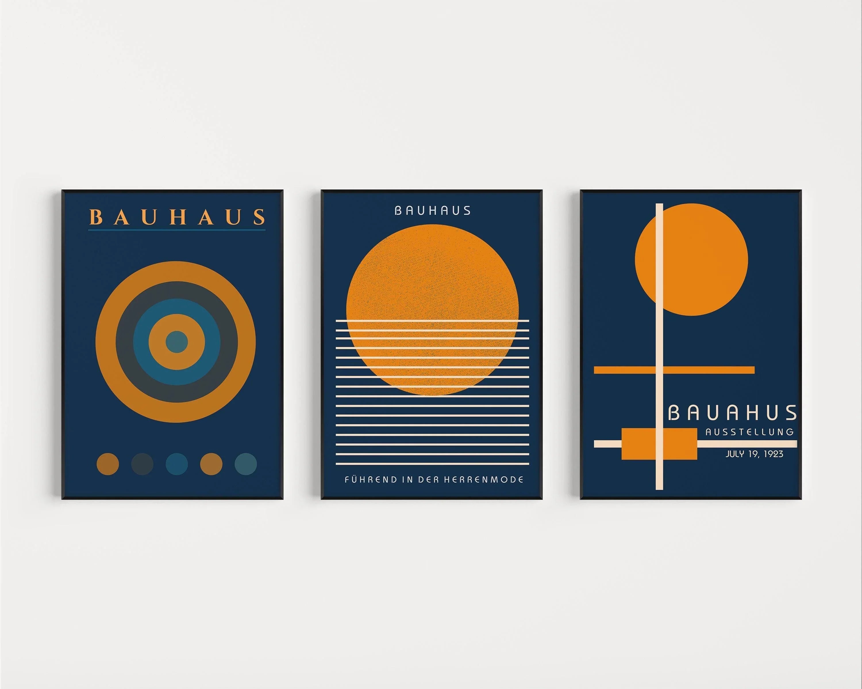 STATEMENT TRIO Bauhaus Navy - Blue Orange | Mid - century Modern Art available framed or unframed - 9ArtPrints