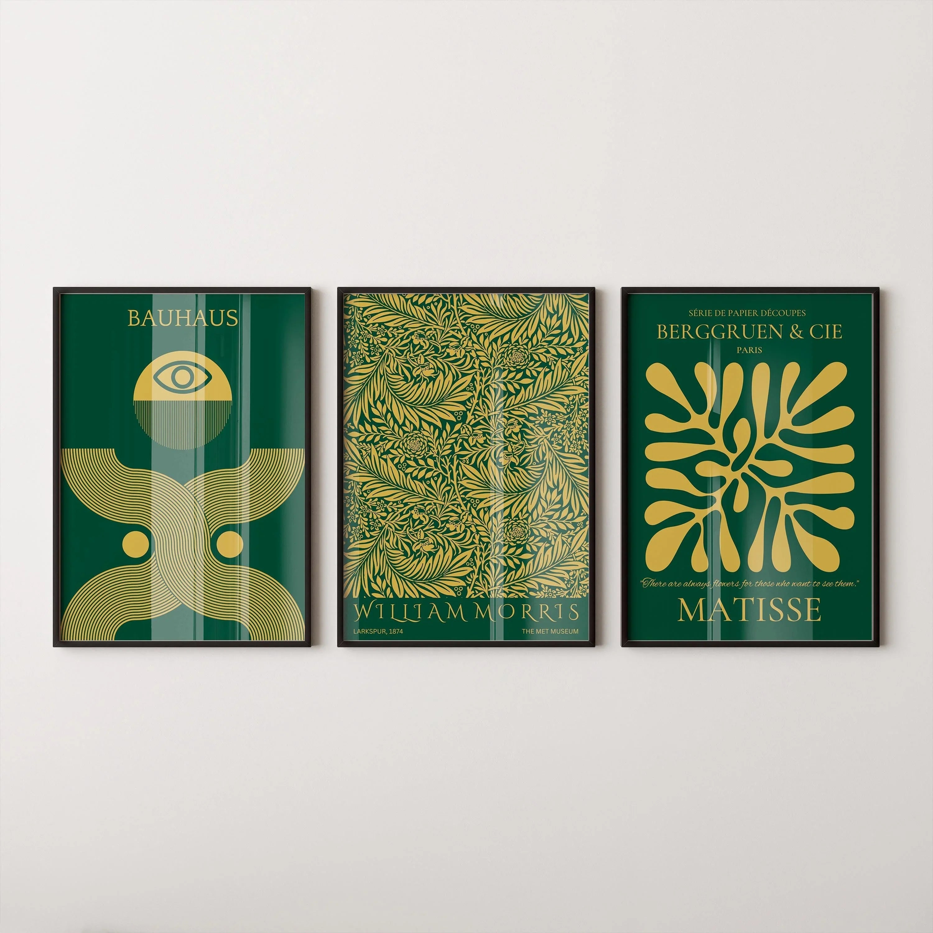 STATEMENT TRIO Bauhaus William Morris Matisse | Forest Green Emerald gold Art | Available framed or unframed - 9ArtPrints