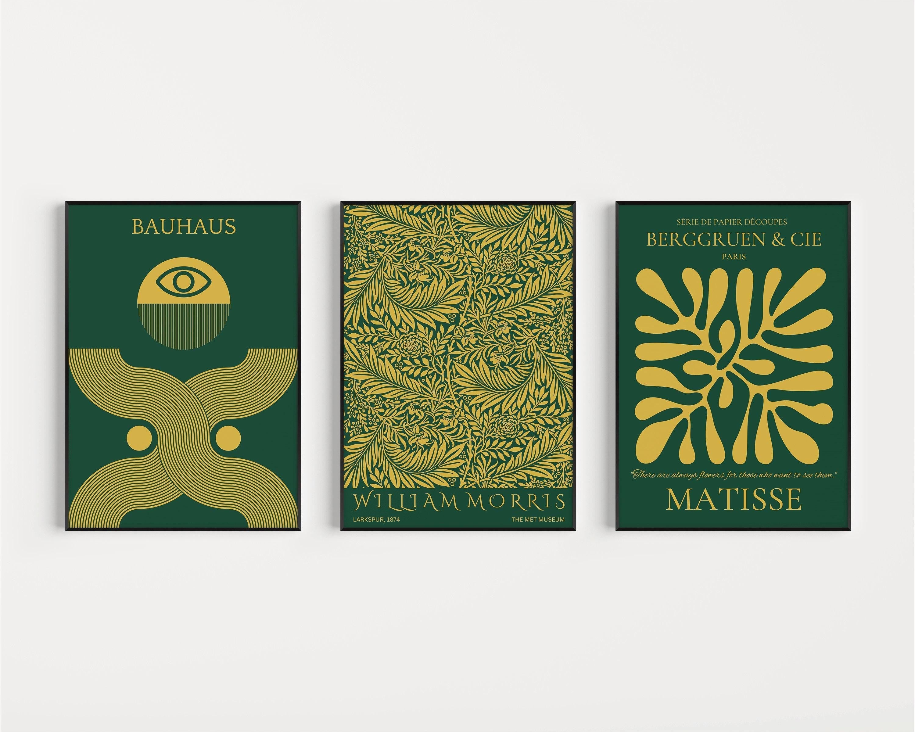 STATEMENT TRIO Bauhaus William Morris Matisse | Forest Green Emerald gold Art | Available framed or unframed - 9ArtPrints