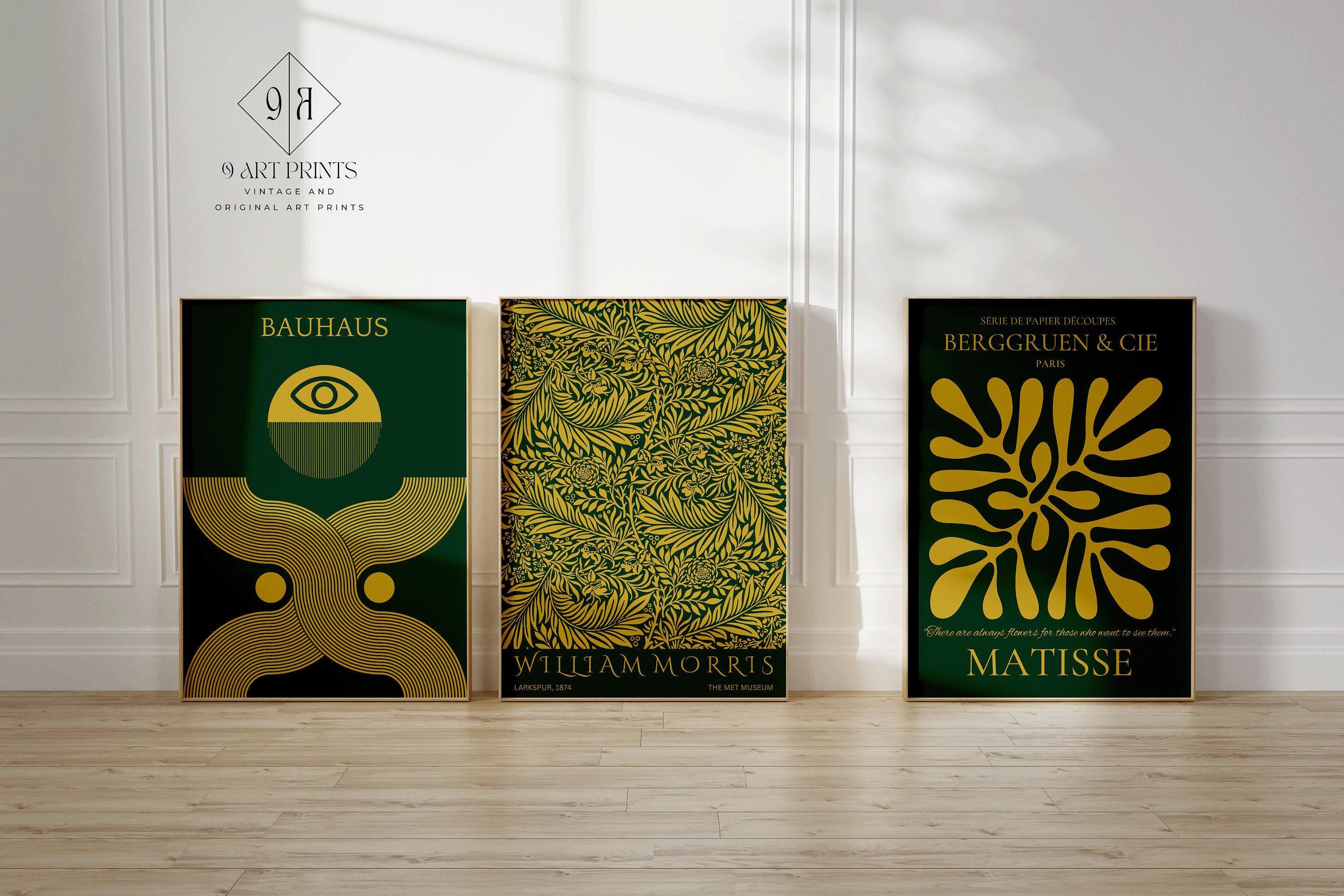 STATEMENT TRIO Bauhaus William Morris Matisse | Forest Green Emerald gold Art | Available framed or unframed - 9ArtPrints