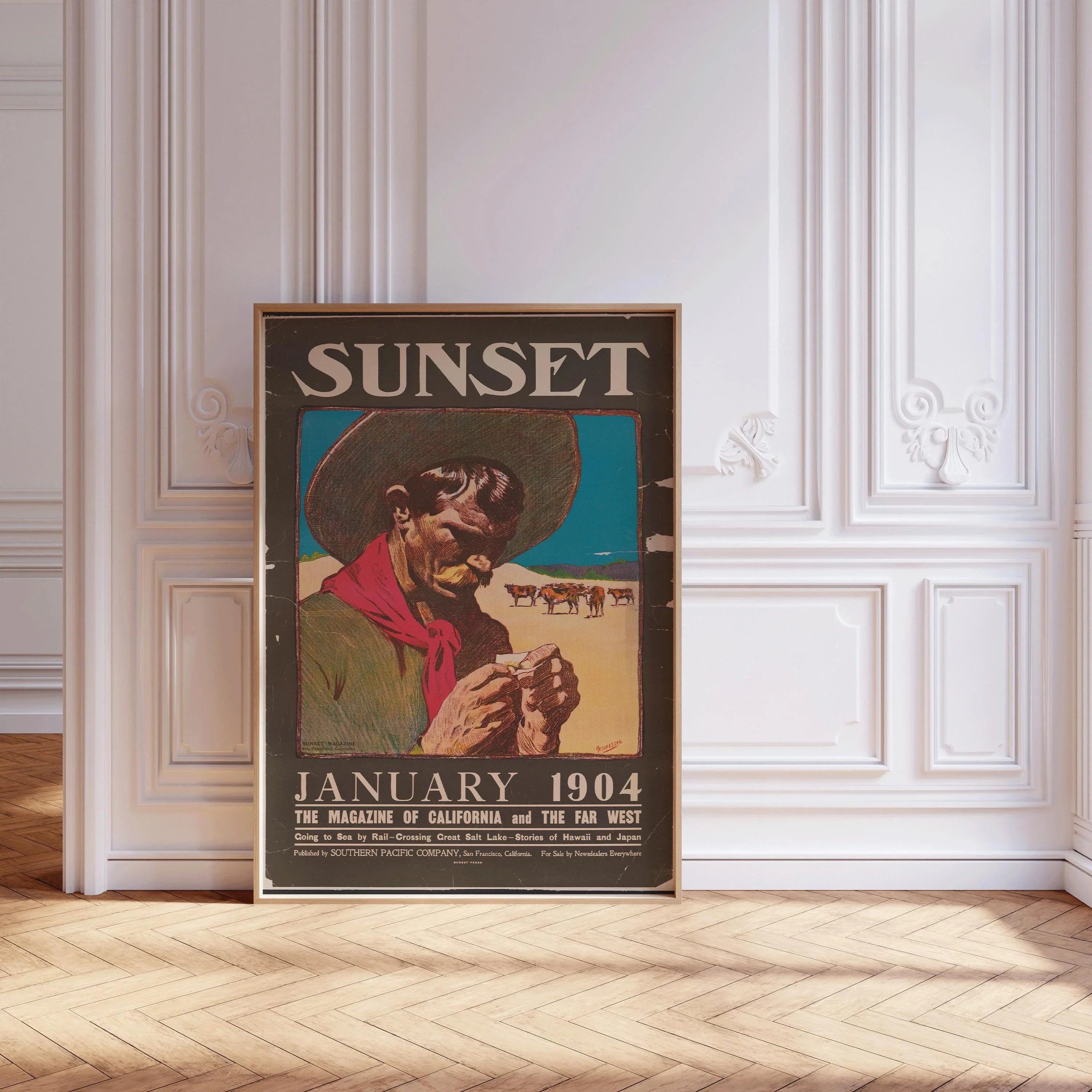 Sunset Magazine - January 1904 | Striking Vintage Rugged Cowboy Cover | Maynard Dixon American West (Giclee Print, Handframed or Unframed) - 9ArtPrints