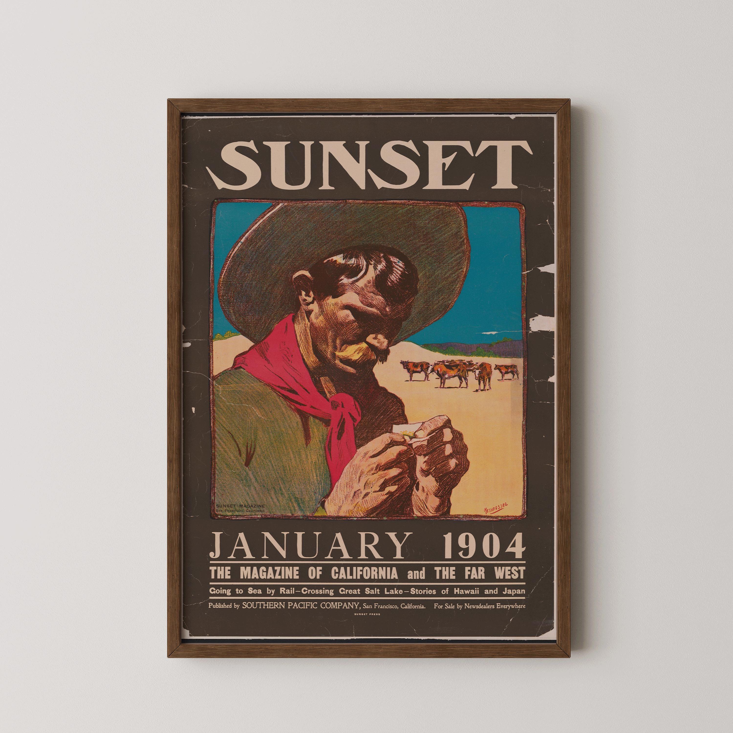 Sunset Magazine - January 1904 | Striking Vintage Rugged Cowboy Cover | Maynard Dixon American West (Giclee Print, Handframed or Unframed) - 9ArtPrints