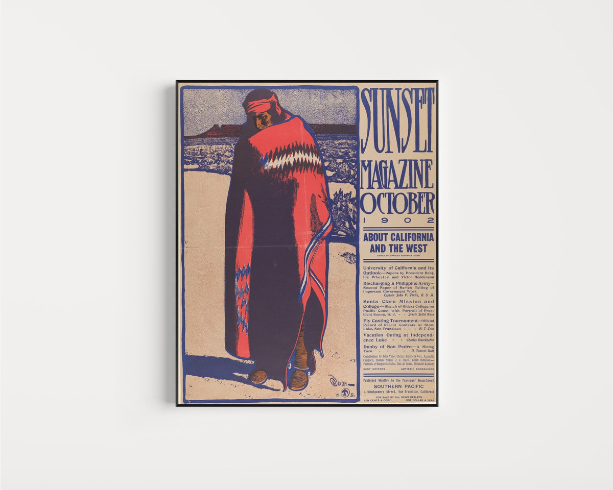 Framed art print of Sunset Magazine (October 1902) by Maynard Dixon, in a slim black frame on a plain white wall