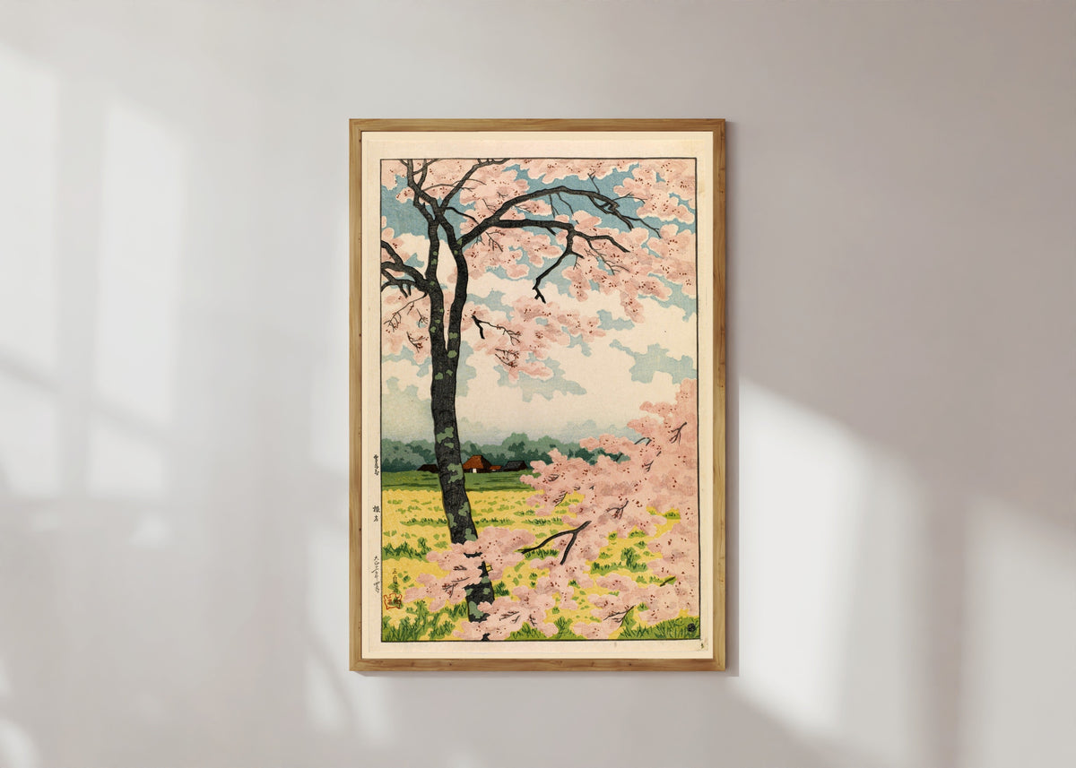 Framed art print of Nekata (Cherry Blossoms) by Takahashi Shotei, in a light wood frame on a sunlit white wall