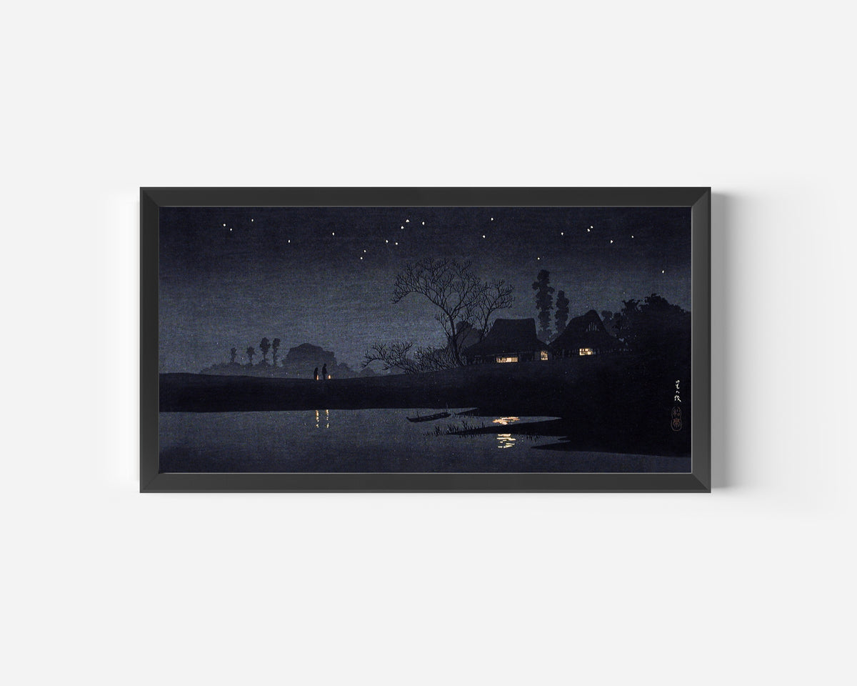Starry Night by Takahashi Shotei — in a wide black frame on a plain white wall