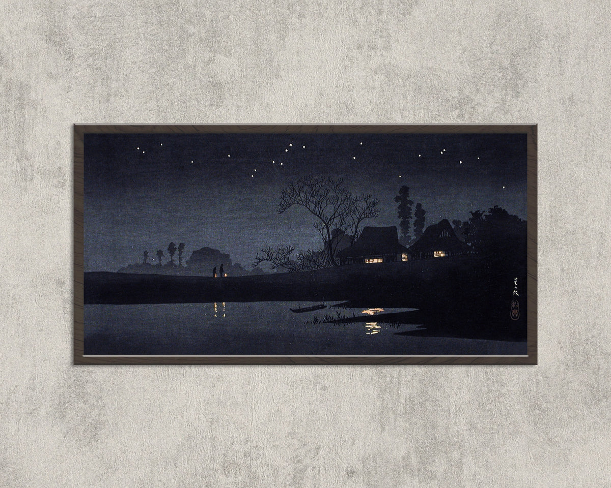 Starry Night by Takahashi Shotei — in a wide black frame on a concrete wall