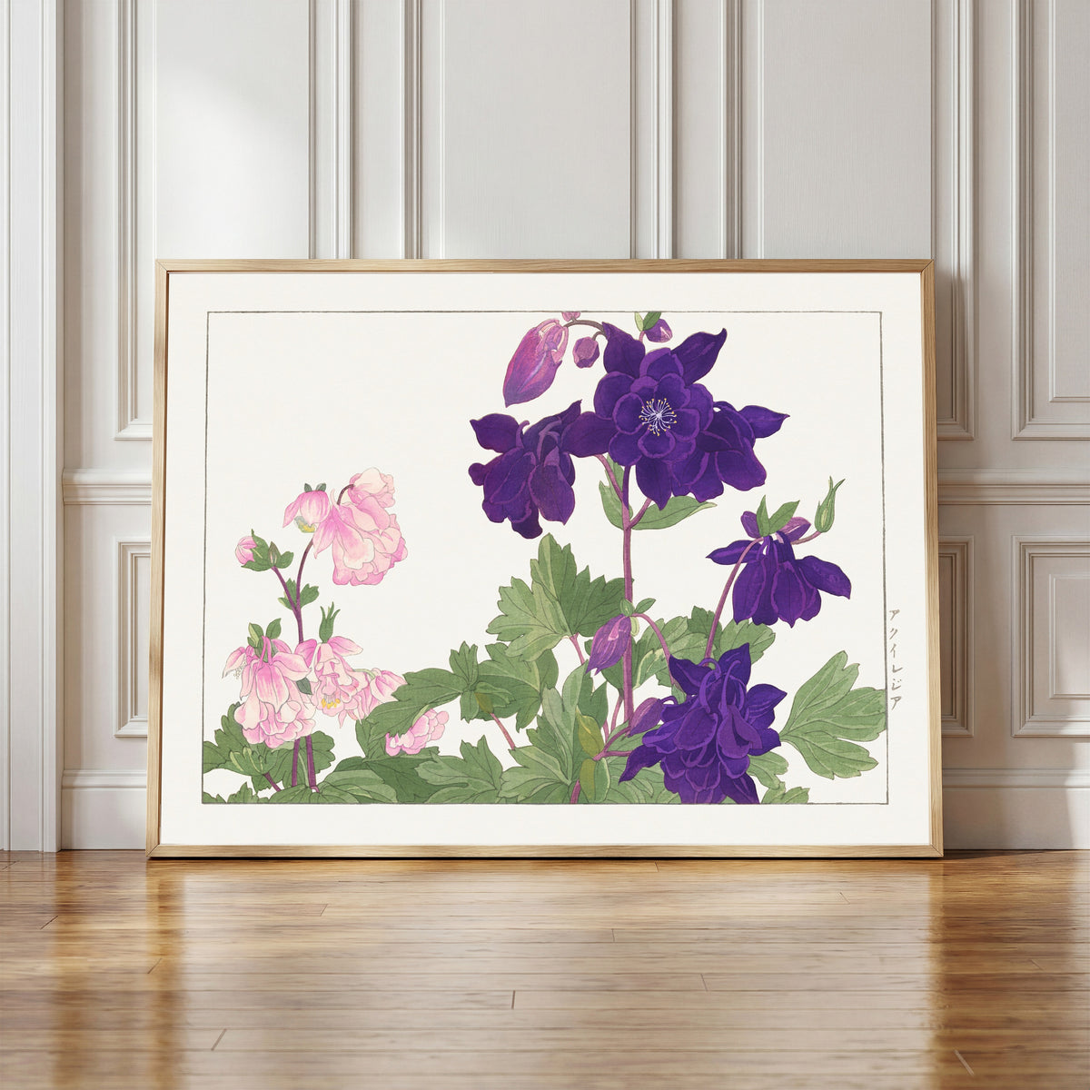 Framed art print of Aquilegia flower by Tanigami Kōnan, in a light wood frame leaning against a panelled white wall