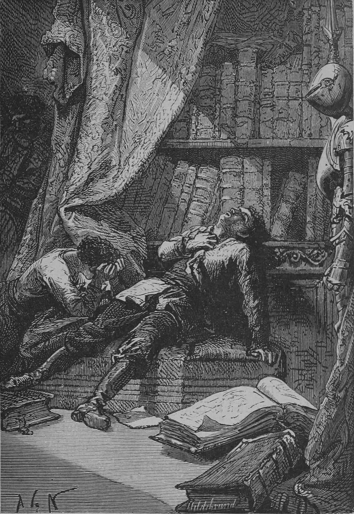 Étendu sur un divan (Stretched out on a divan) by Alphonse de Neuville — A man slumps gasping on a divan in a library of heavy books