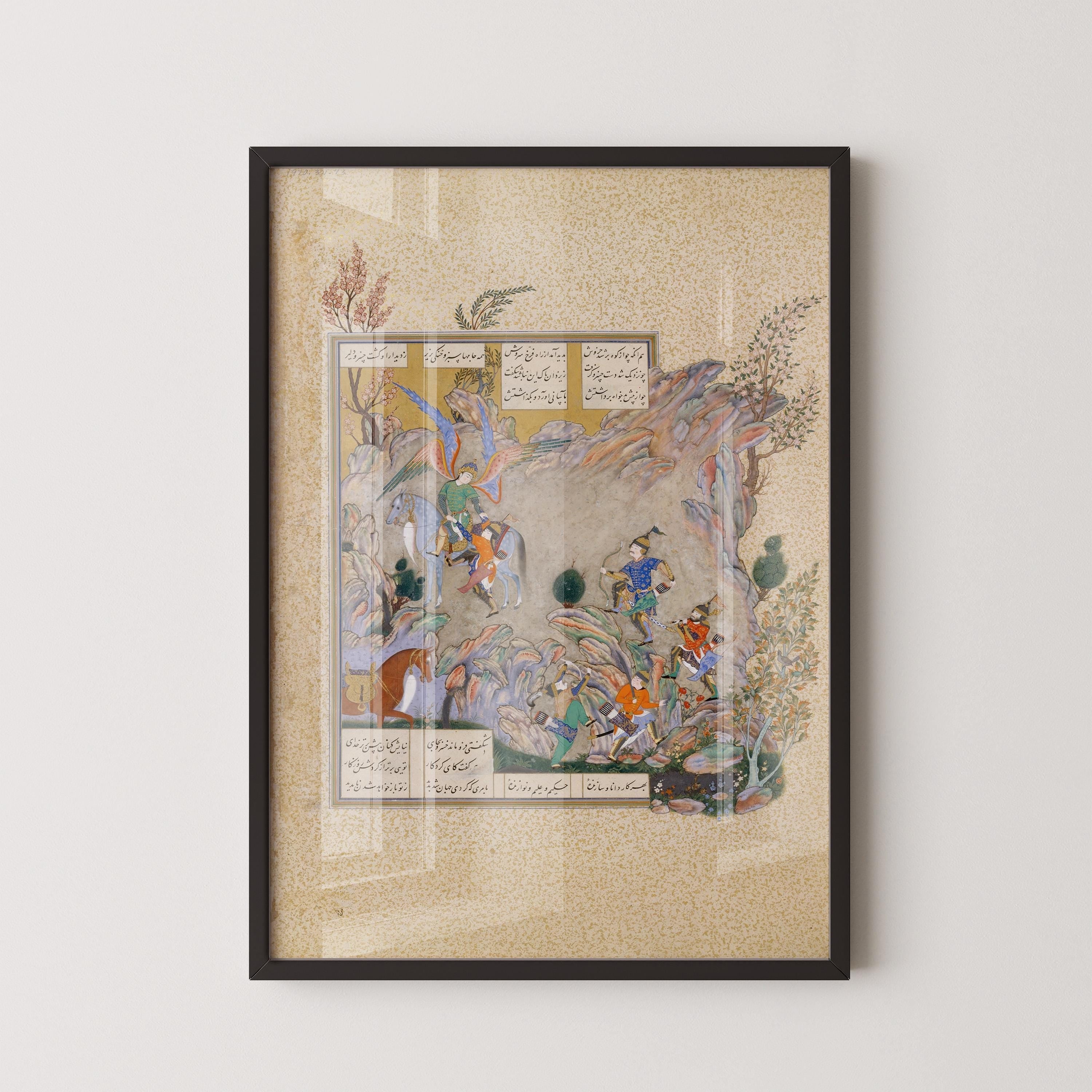 The Angel Surush Rescues Khusrau Parviz – Persian Miniature Art from the Shahnameh | PRINT (Framed & Unframed Available) - 9ArtPrints