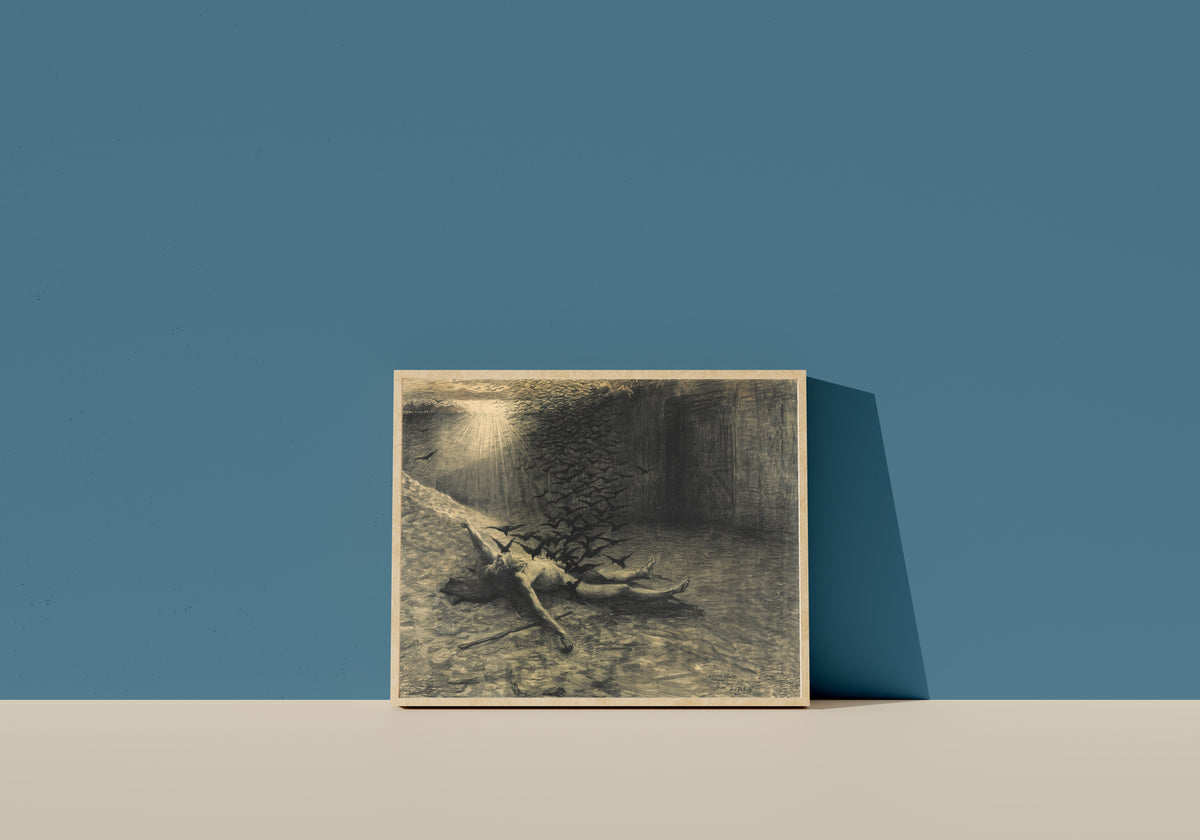 Framed art print of The Birds of Lake Stymphale by Jean Delville, in a light wood frame leaning on a blue wall