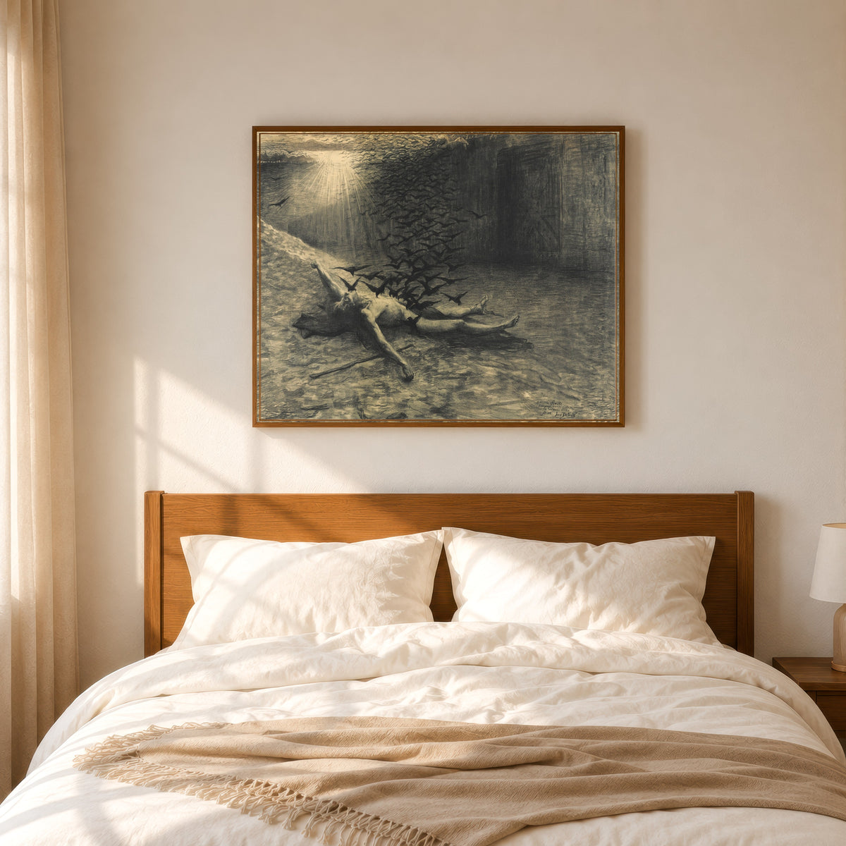 Framed art print of The Birds of Lake Stymphale by Jean Delville, in a slim wood frame above a bed in a sunlit bedroom
