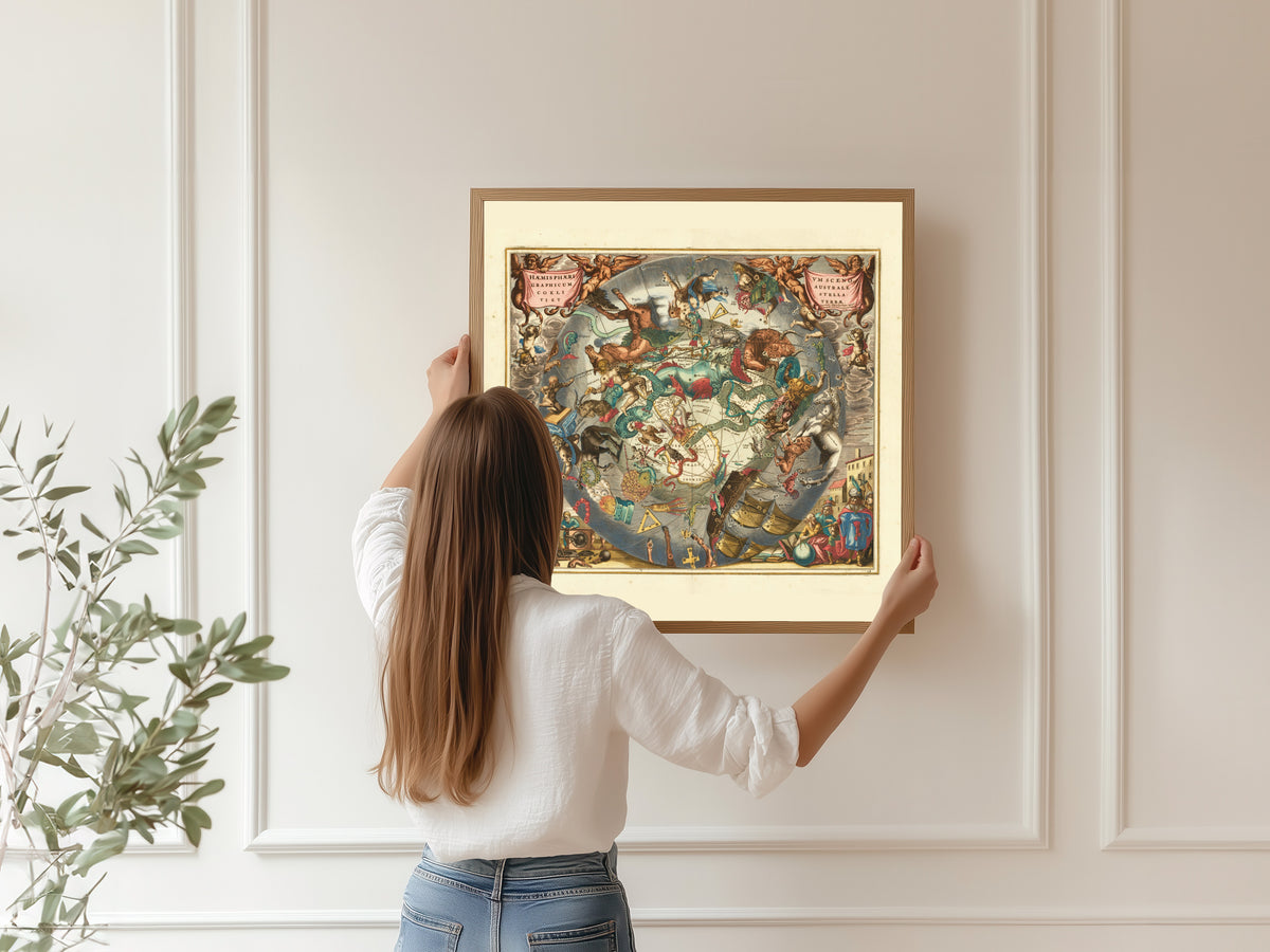 Andreas Cellarius — A Scenographic View of the Southern Heaven and Earth (Plate 28, Slate Colouring) | Celestial Map Print