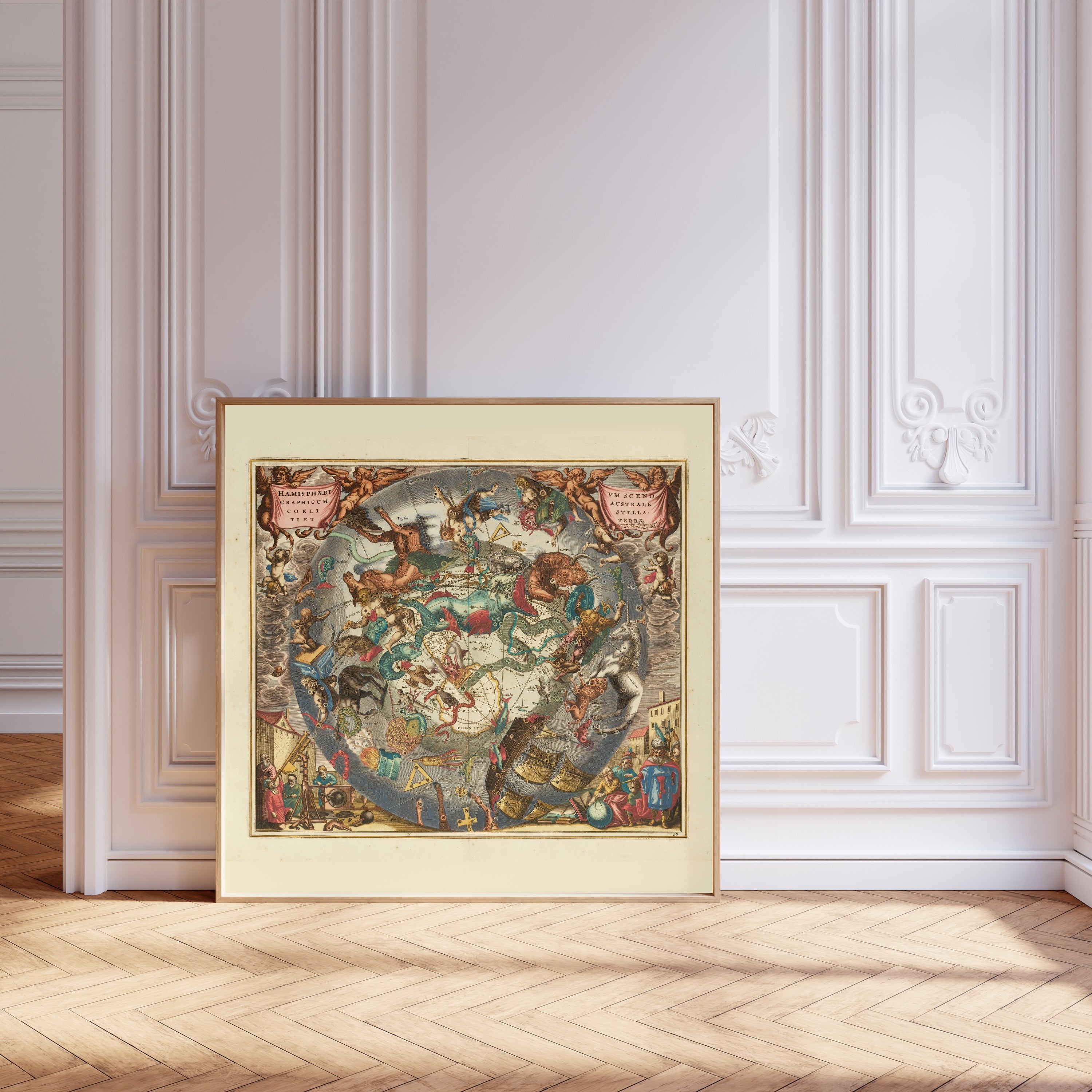 Andreas Cellarius — A Scenographic View of the Southern Heaven and Earth (Plate 28, Slate Colouring) | Celestial Map Print