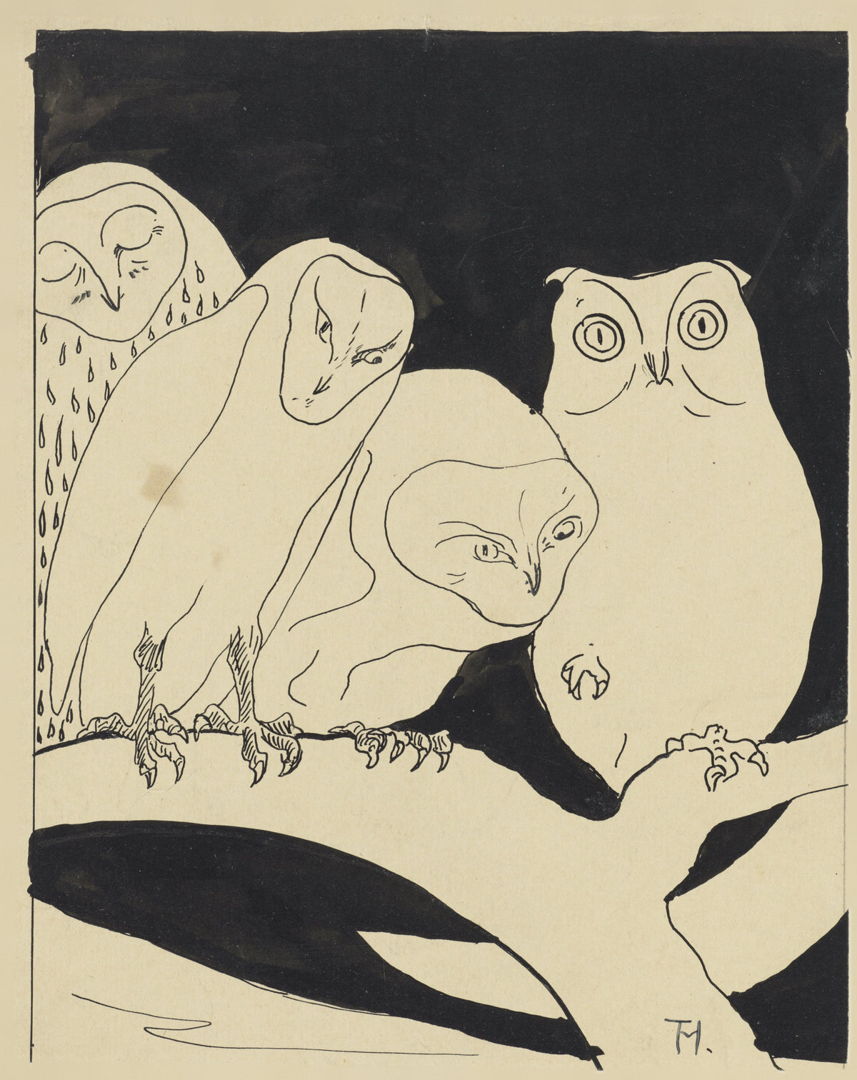 Owls on a Branch by Theo van Hoytema — Four owls crowded along a branch against solid black