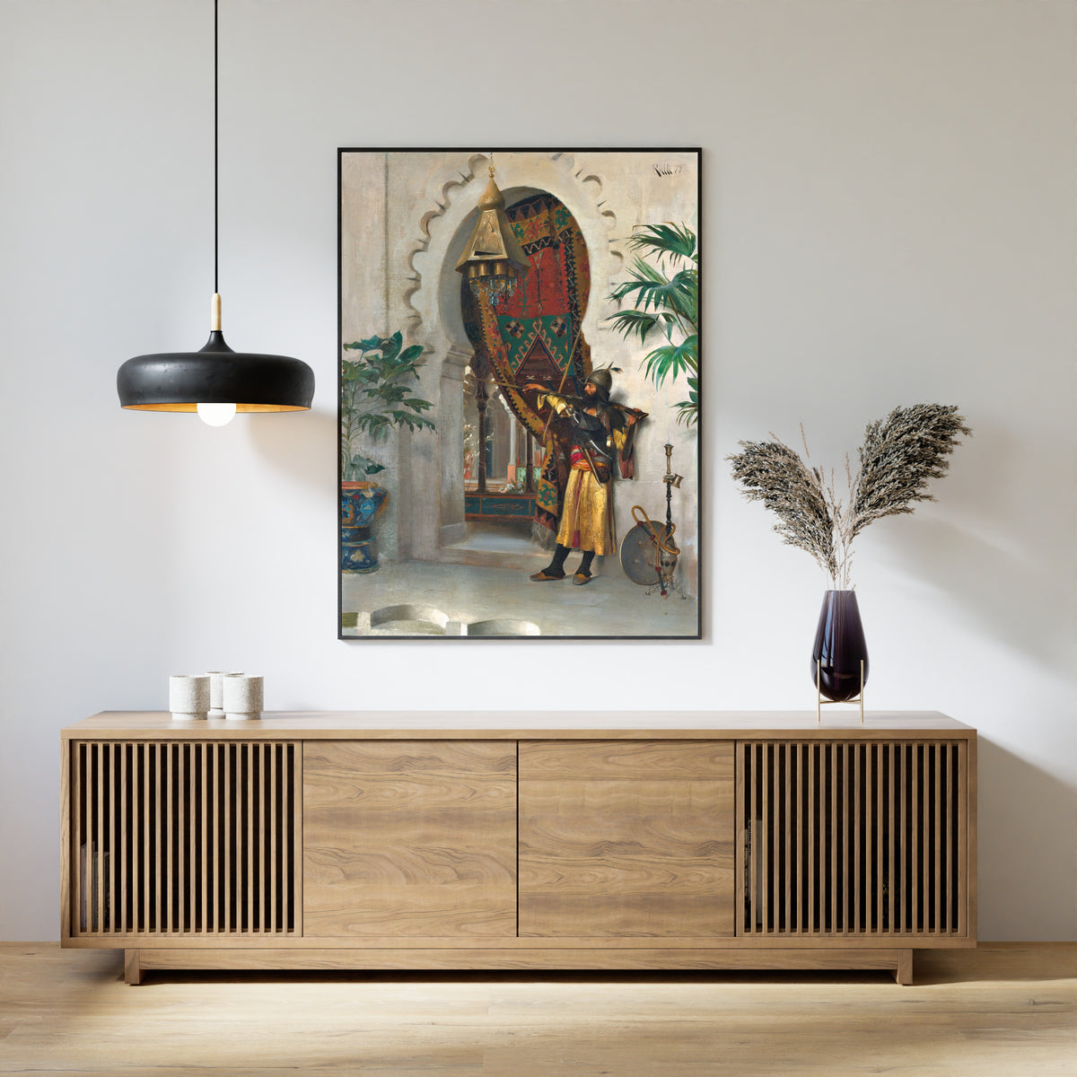 The Sentinel by Théodore Jacques Ralli — framed above a slatted wood sideboard