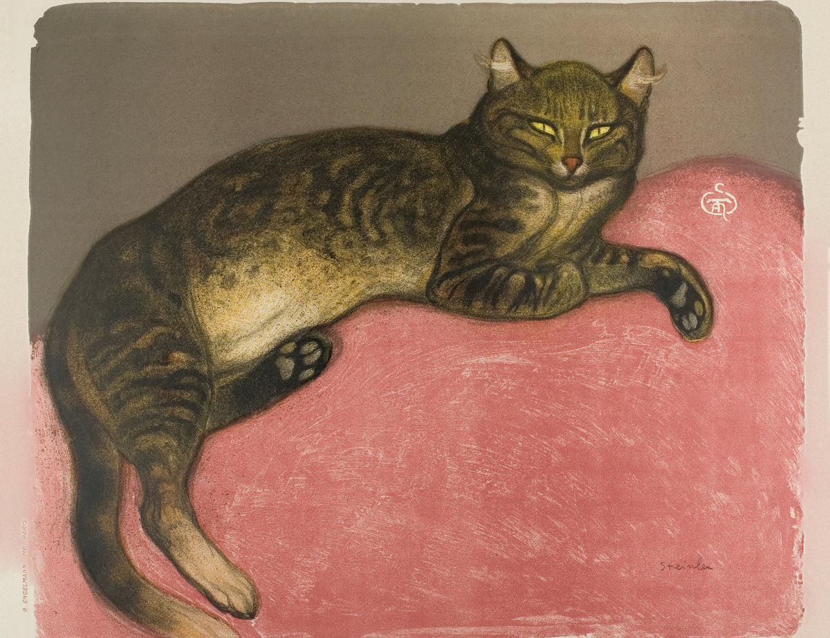 Winter: Cat on a Cushion by Théophile Steinlen — A striped tabby sprawls across a rose-pink cushion